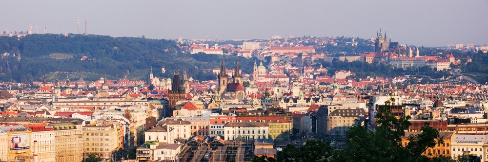 Panoramic cityscape of prague with historic architecture and church