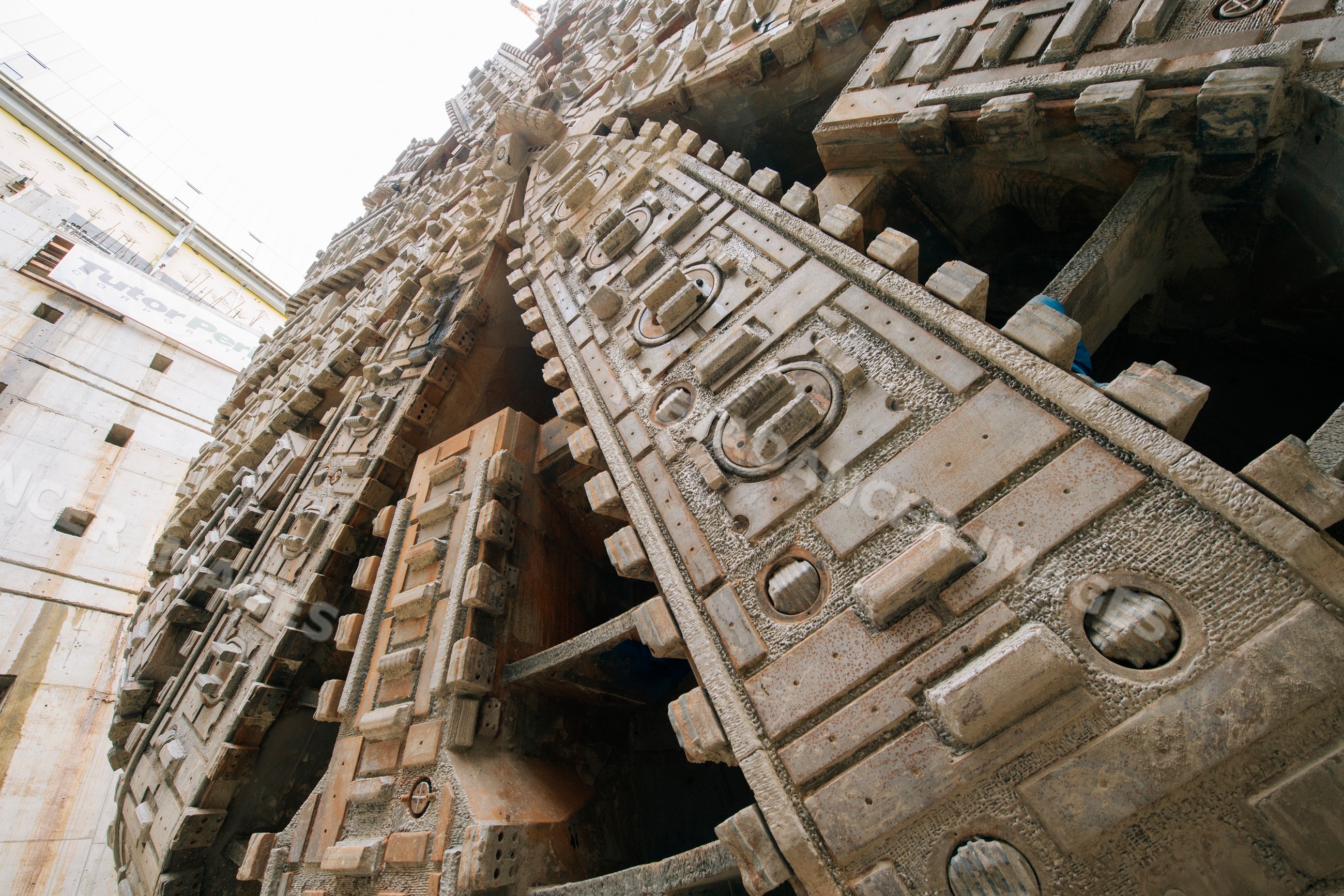 Close-up of a tunnel boring machine cutterhead drilling underground