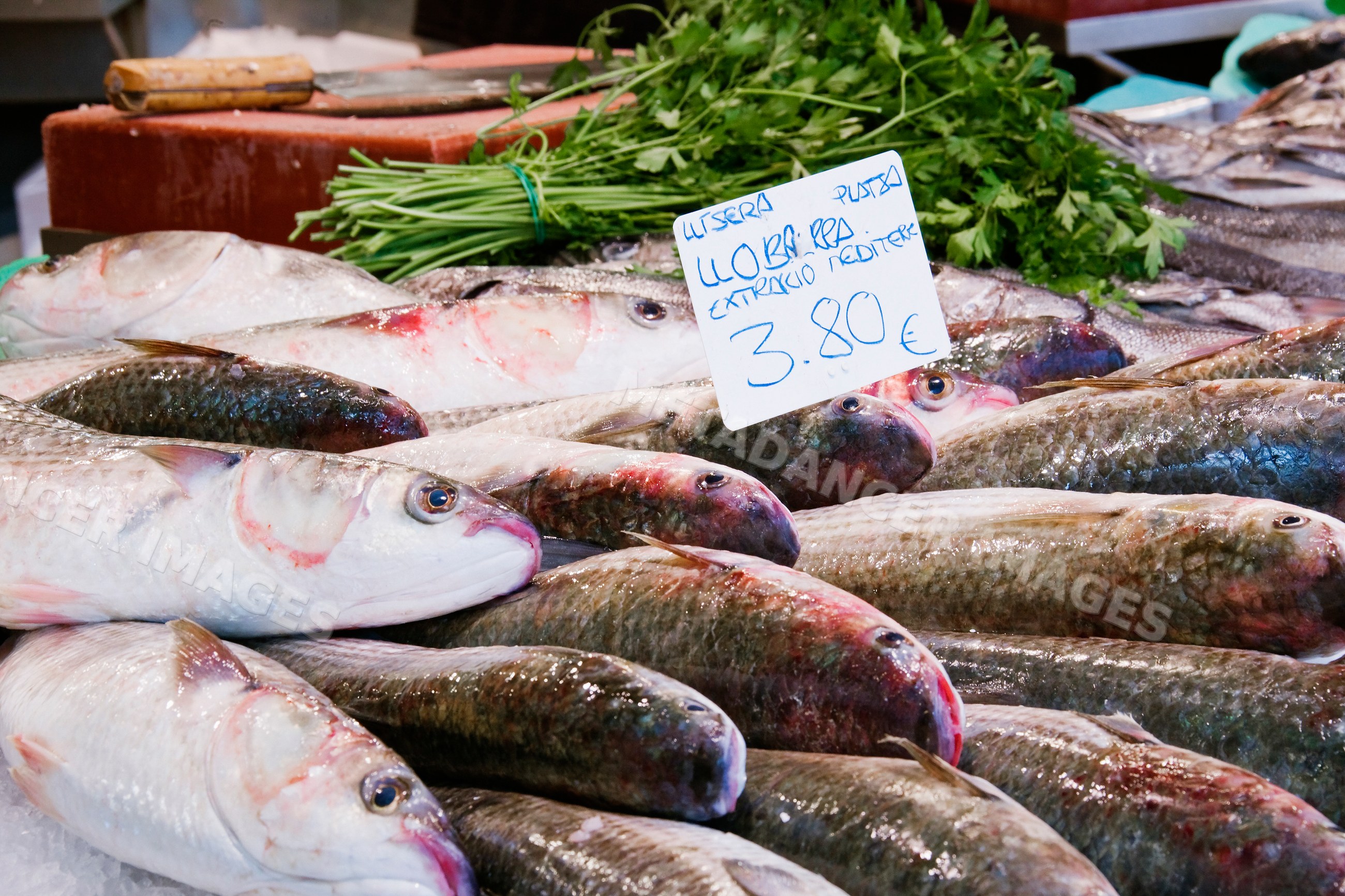 Fresh fish and parsley displayed at seafood market, Spain
