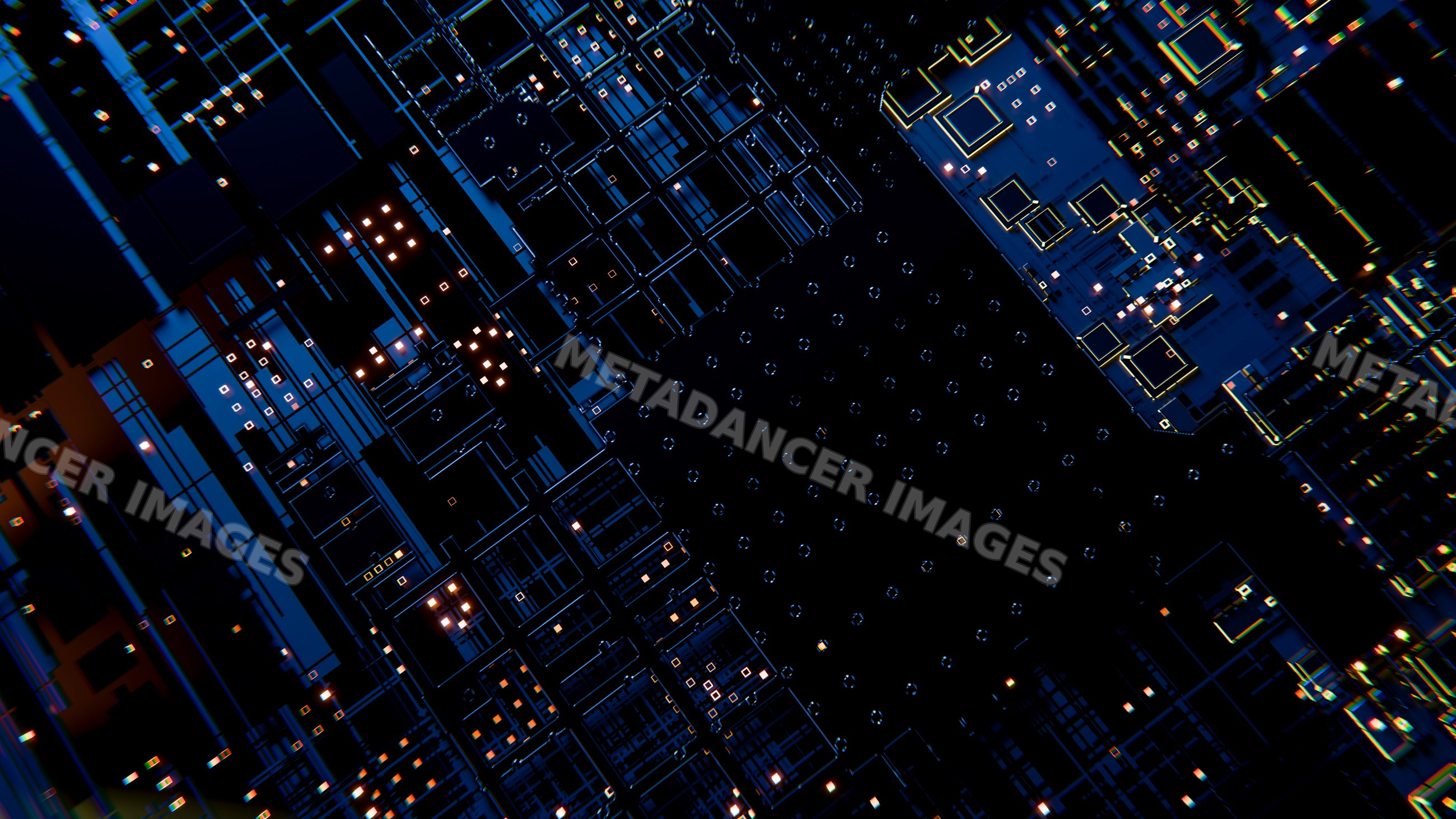 Glowing blue circuit board with electronic components illustration