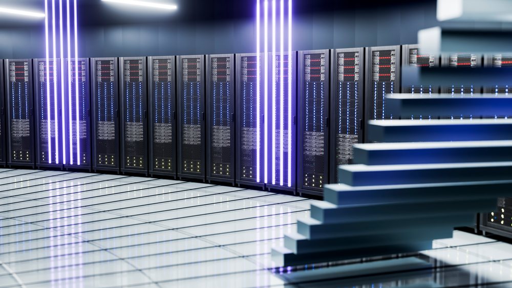 Modern data center with server racks and illuminated blue lights