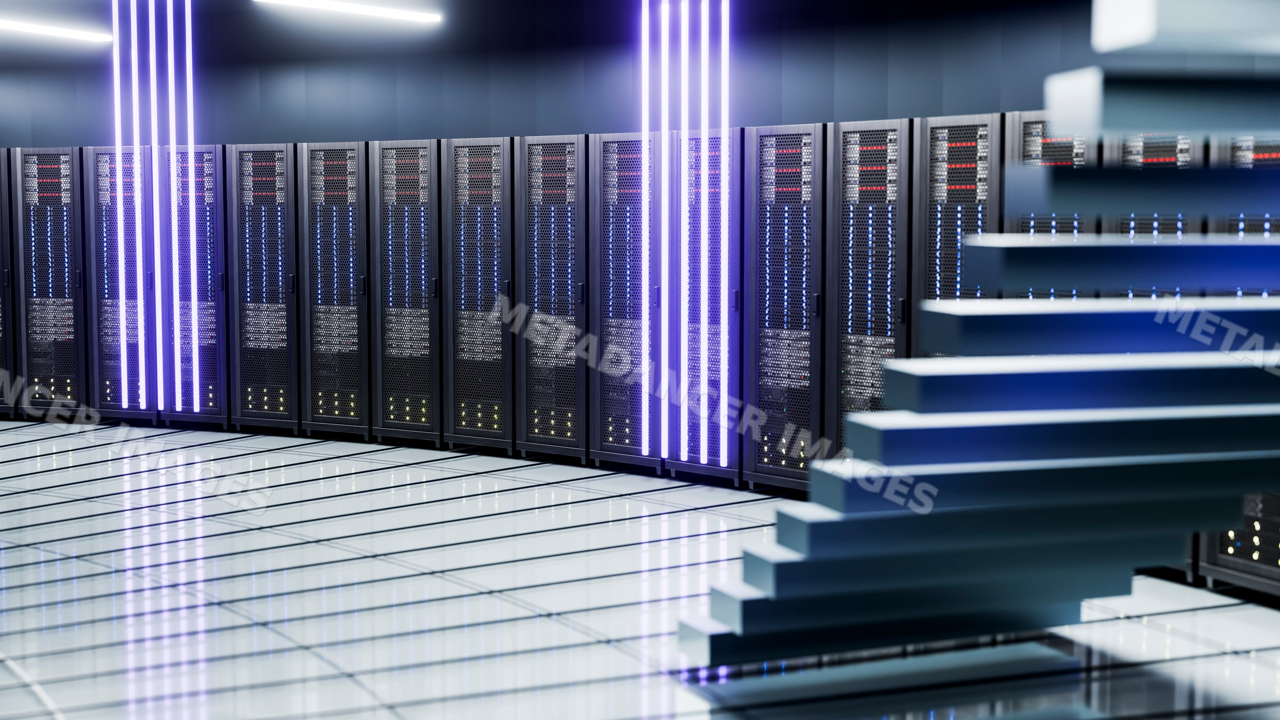 Modern data center with server racks and illuminated blue lights
