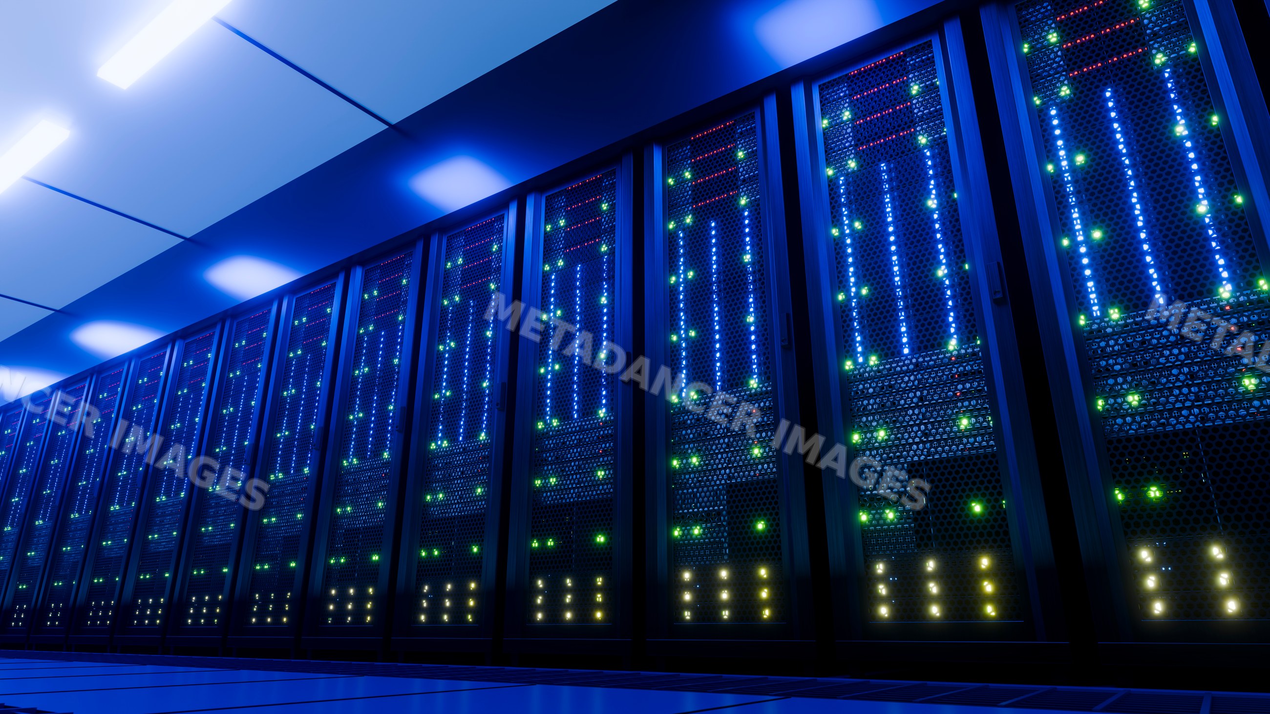 Data center server racks with illuminated computer servers