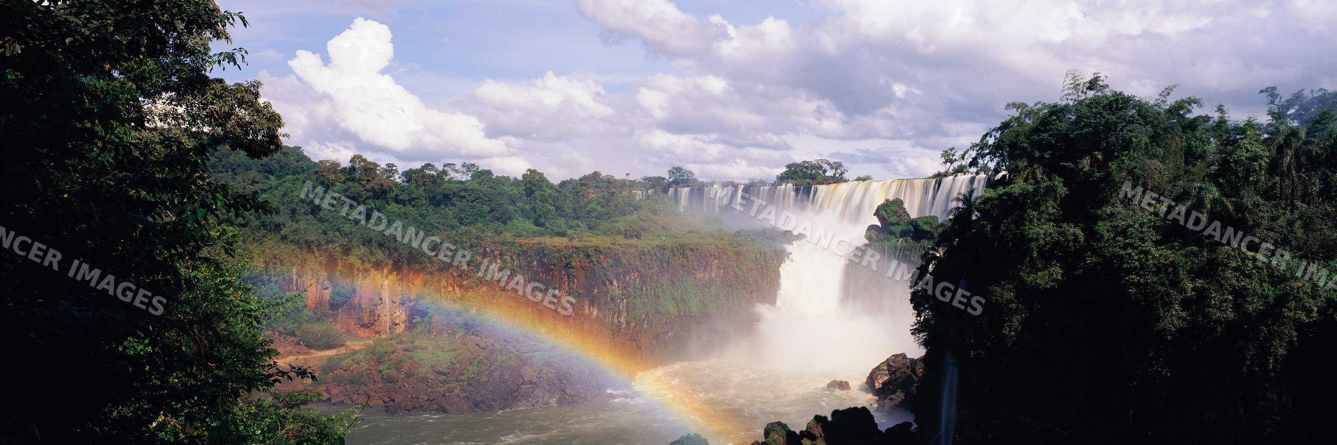 Iguacu falls with rainbow over river lush forest landscape