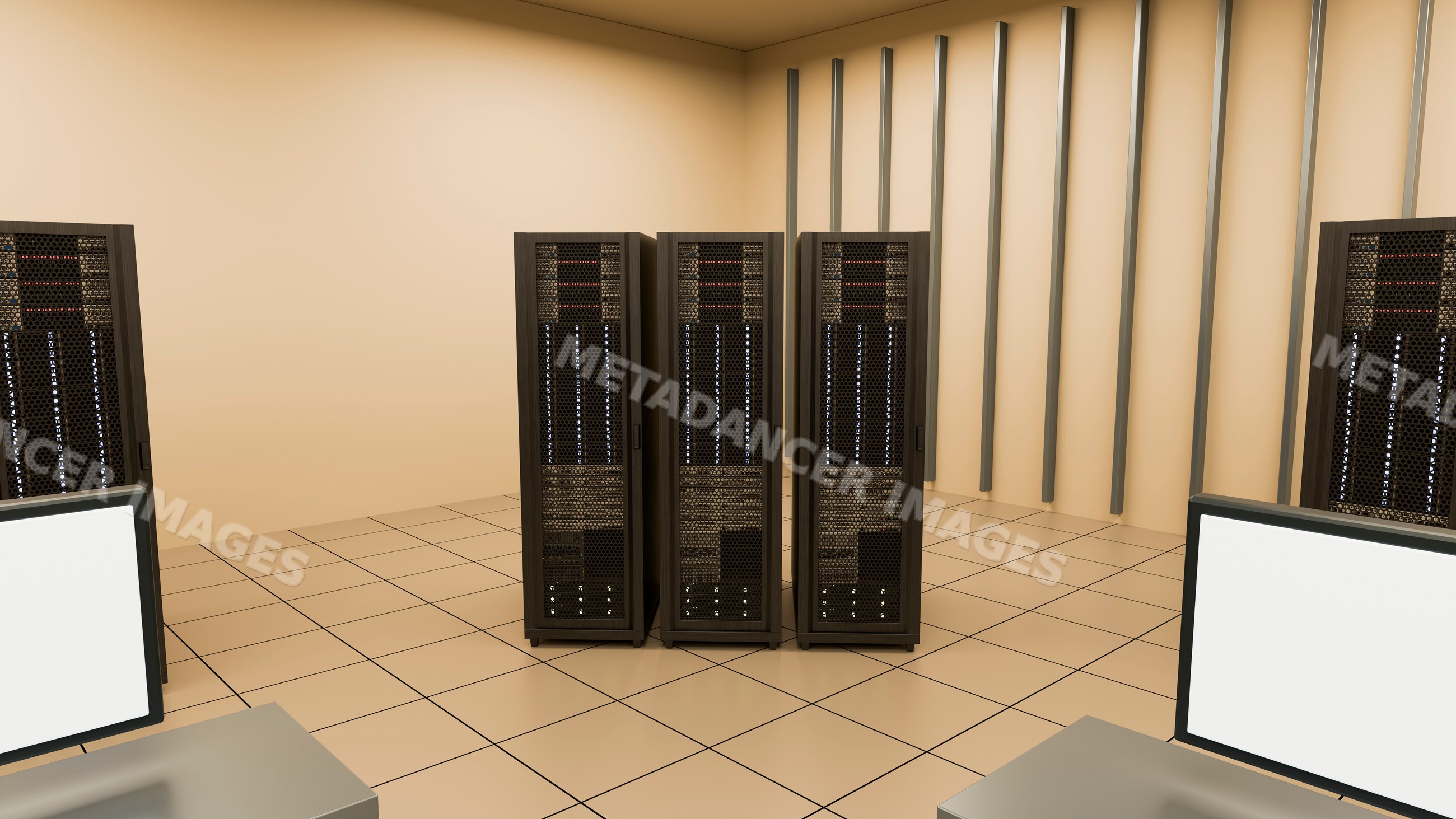 Server racks and monitors in a clean data center room