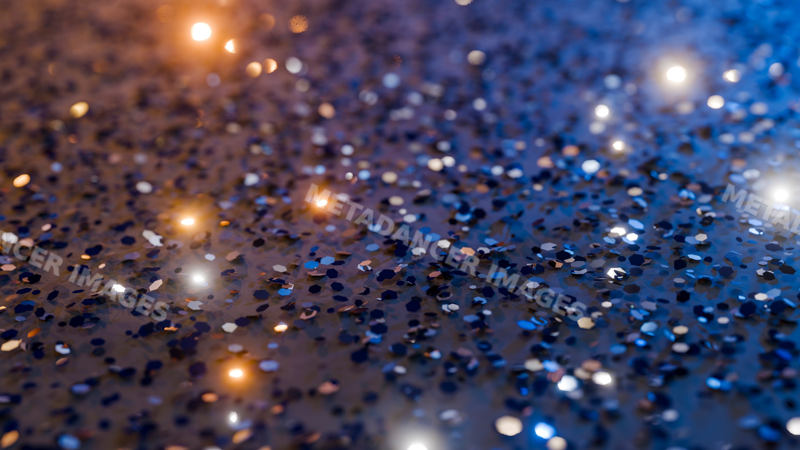 Blue glitter scattered with glowing sparkles and light reflections