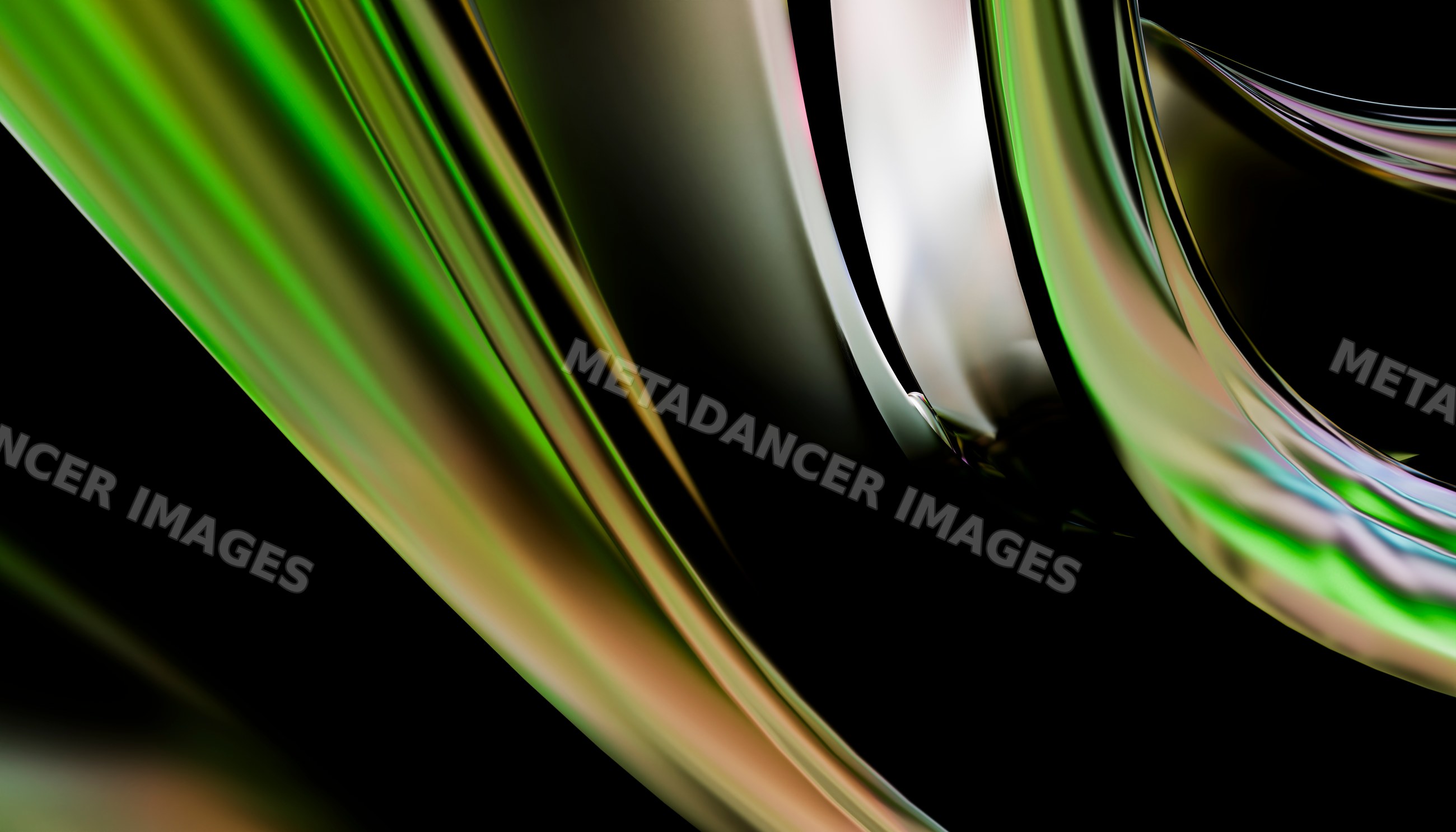 Abstract metallic curved shapes with reflective green and brown tones