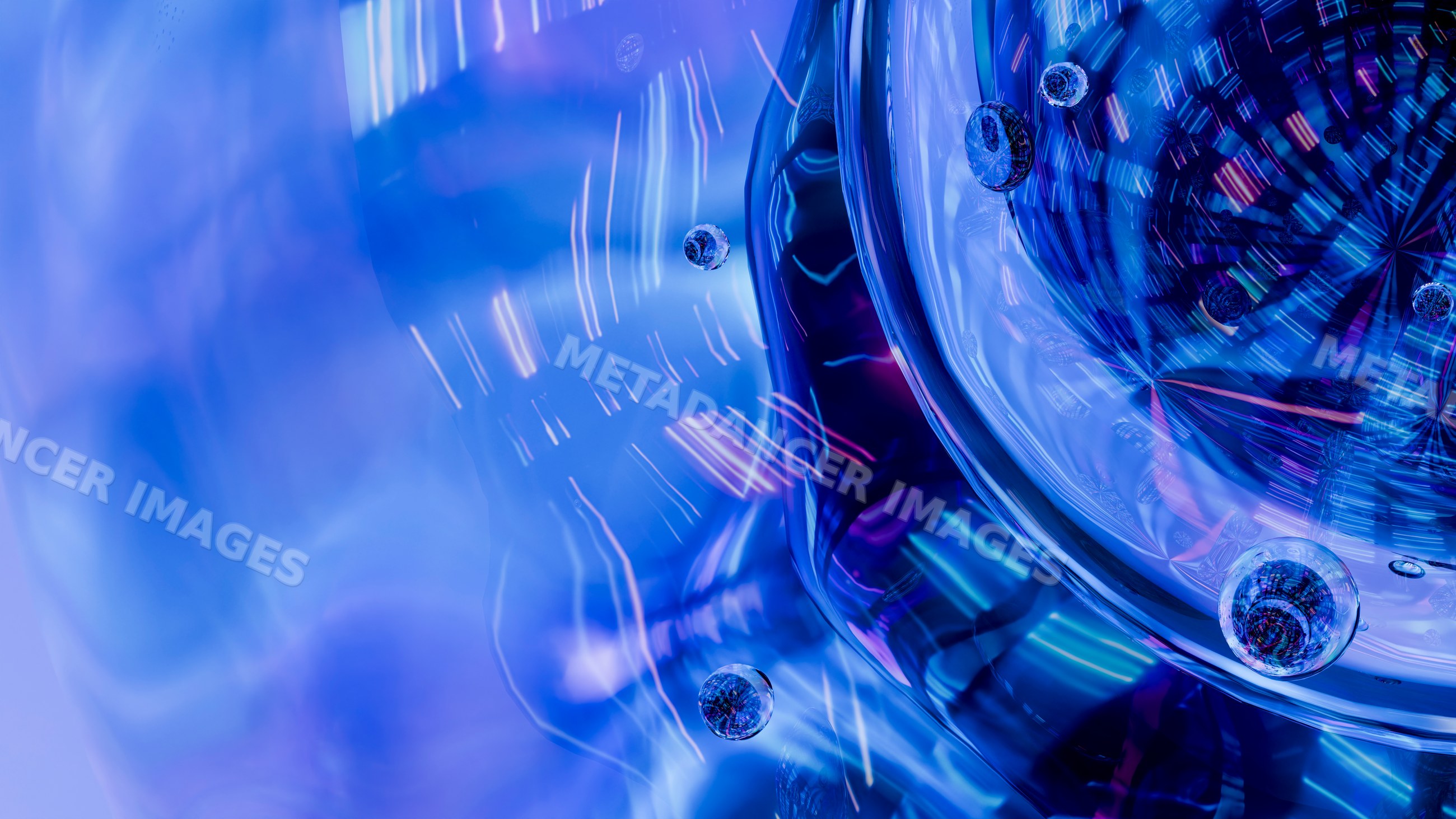 Abstract blue glass bubbles with light reflections and liquid texture