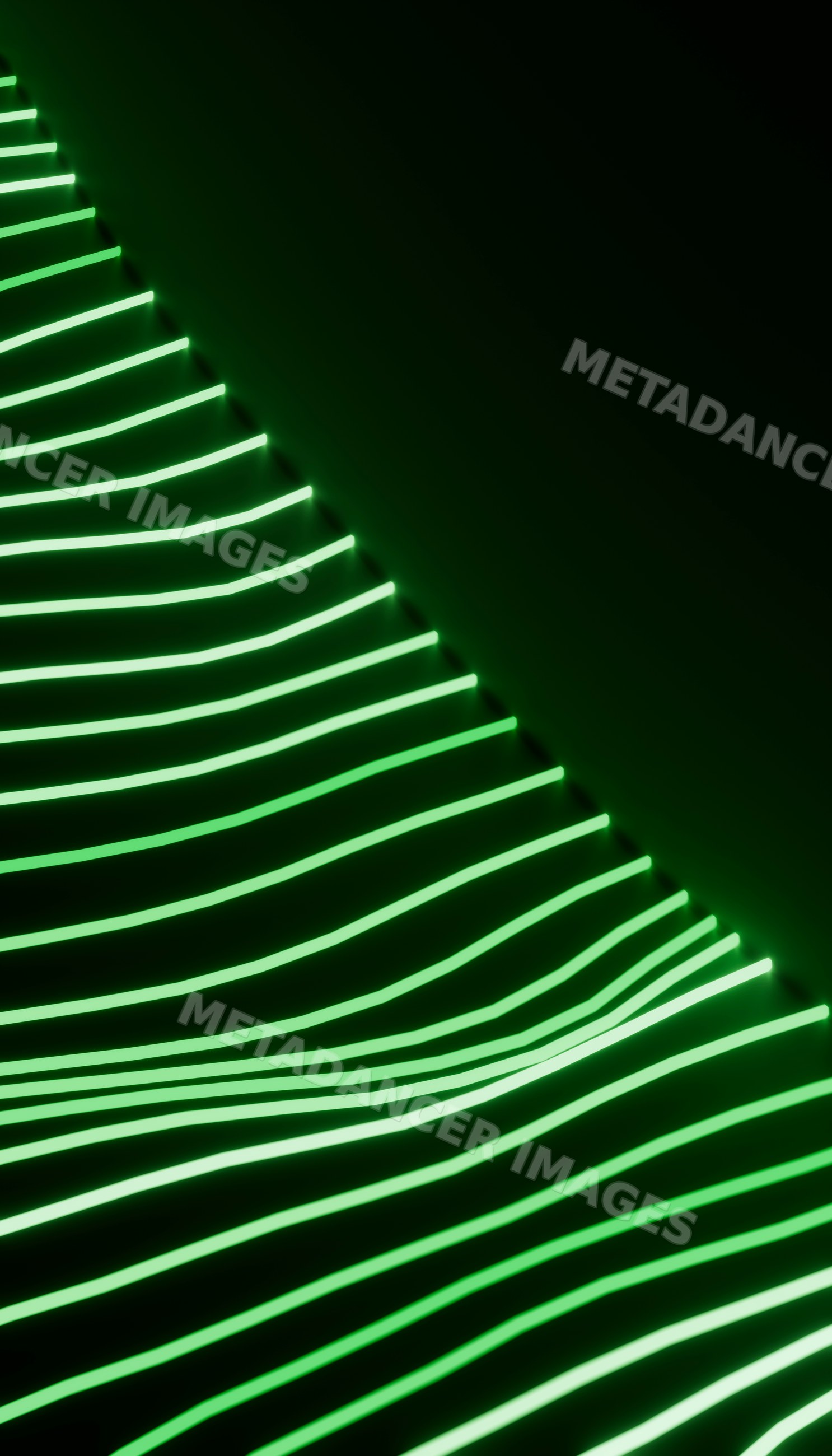Green neon light lines forming abstract diagonal wave pattern