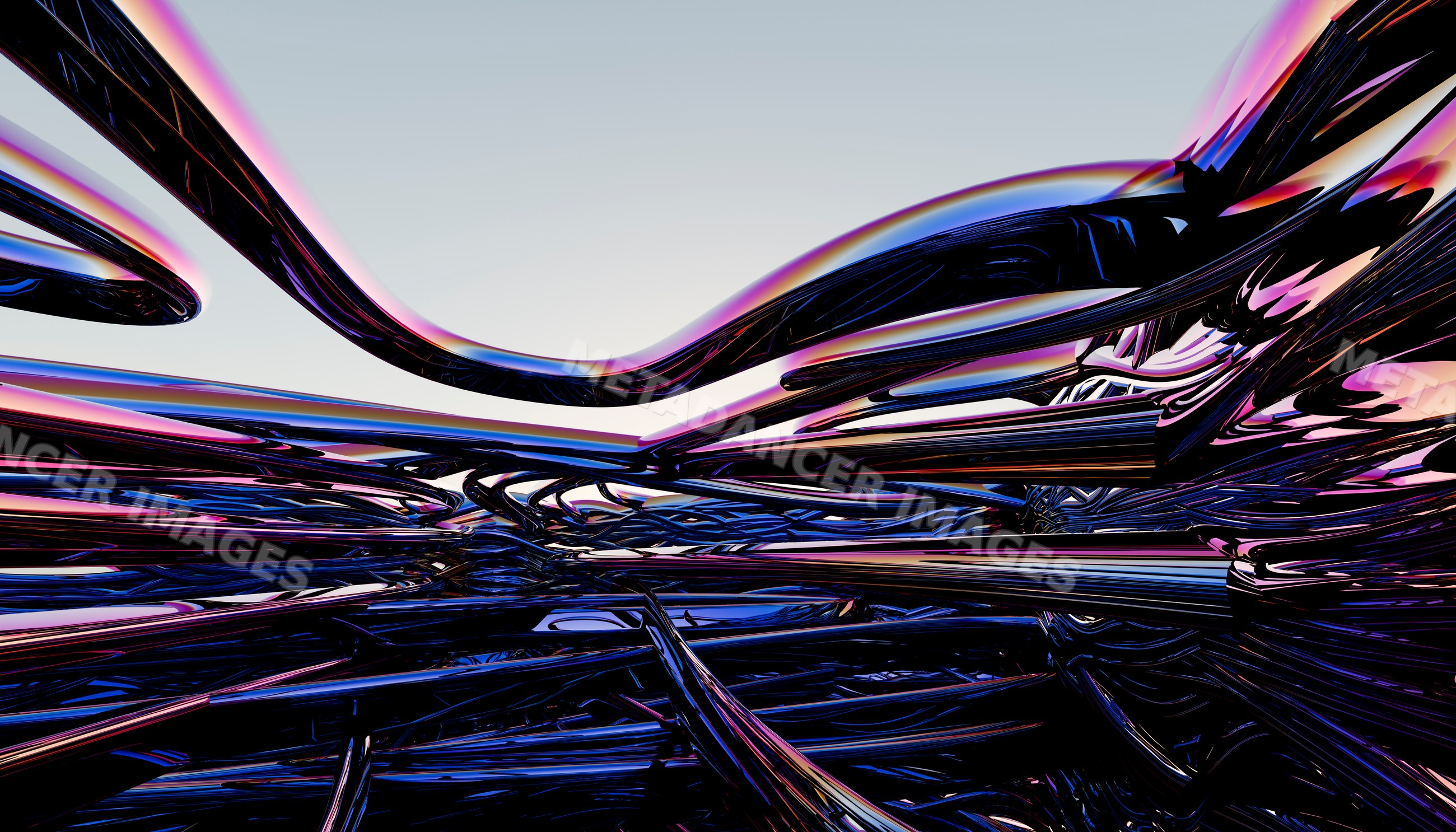Abstract digital artwork with twisting reflective colorful shapes