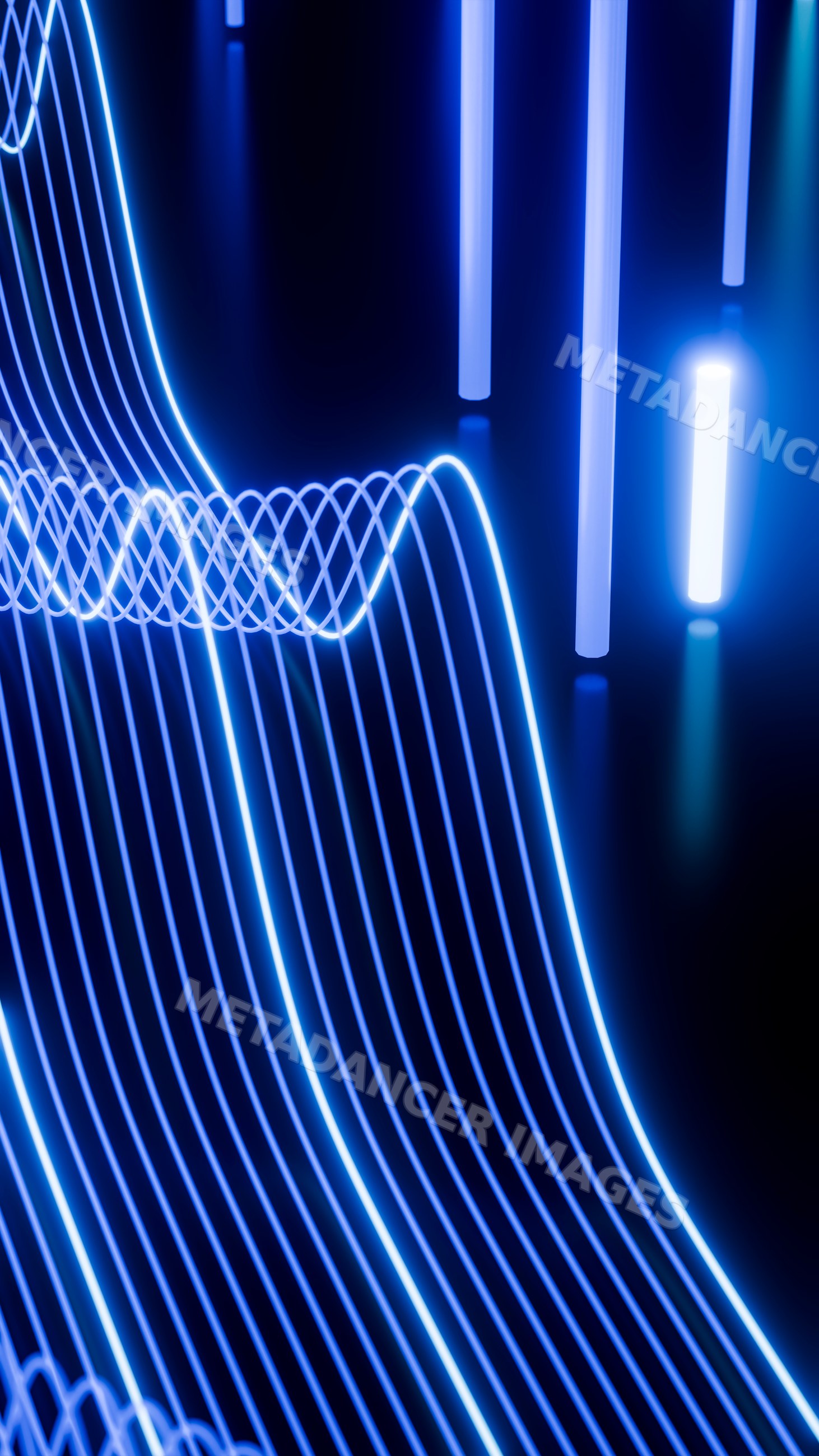 Blue neon light waves forming glowing abstract patterns