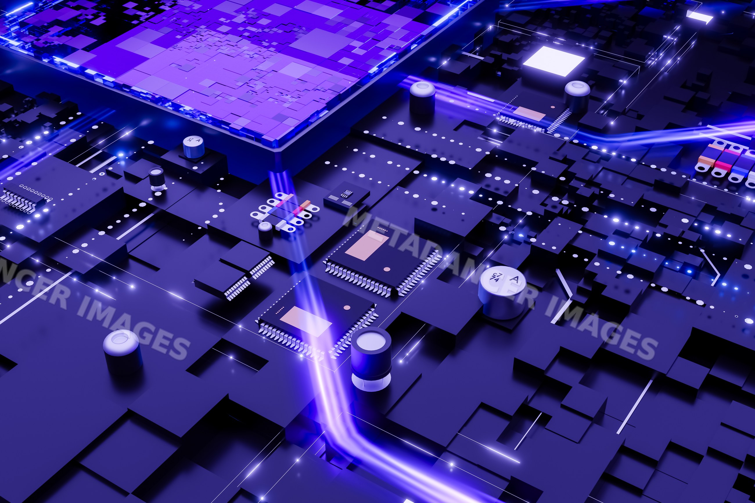 Circuit board with microchips and blue light
