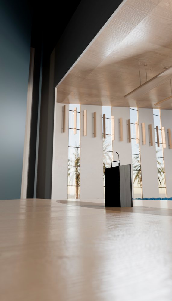 Modern conference room podium with microphone and large windows