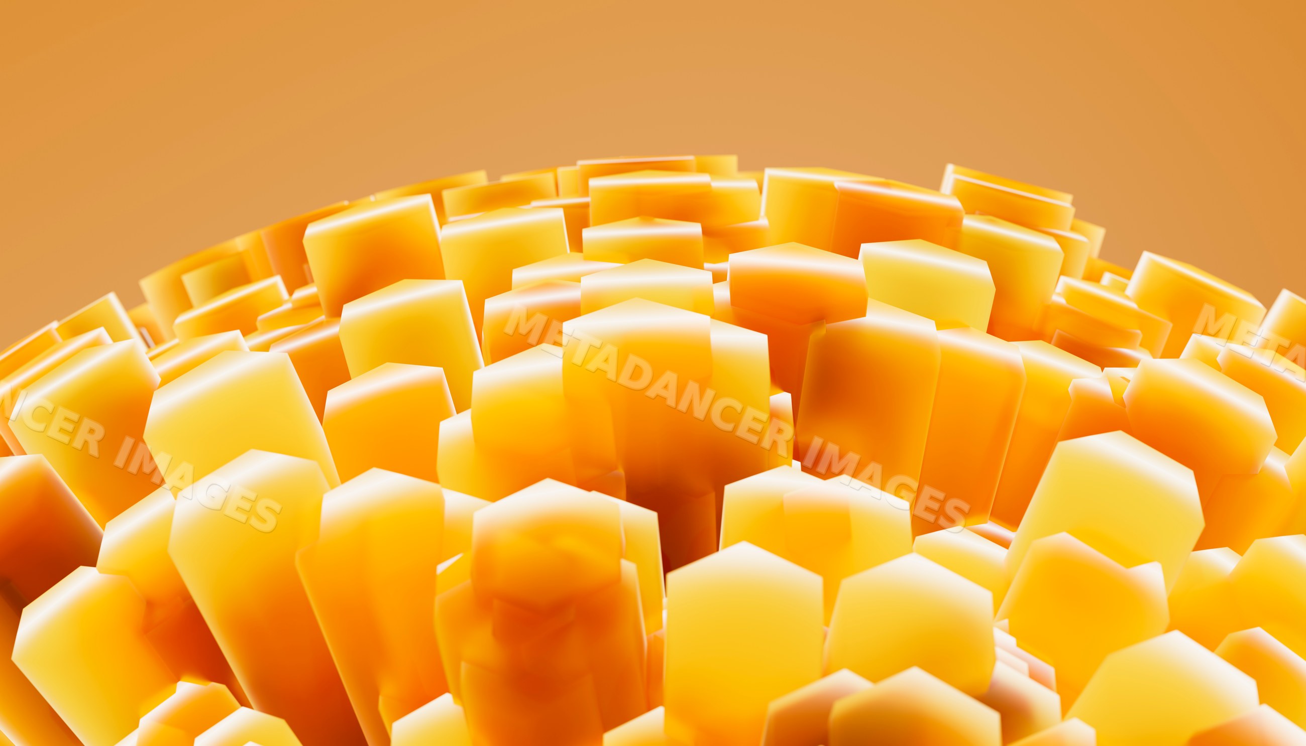 3d rendering of clustered orange hexagonal prisms forming an abstract