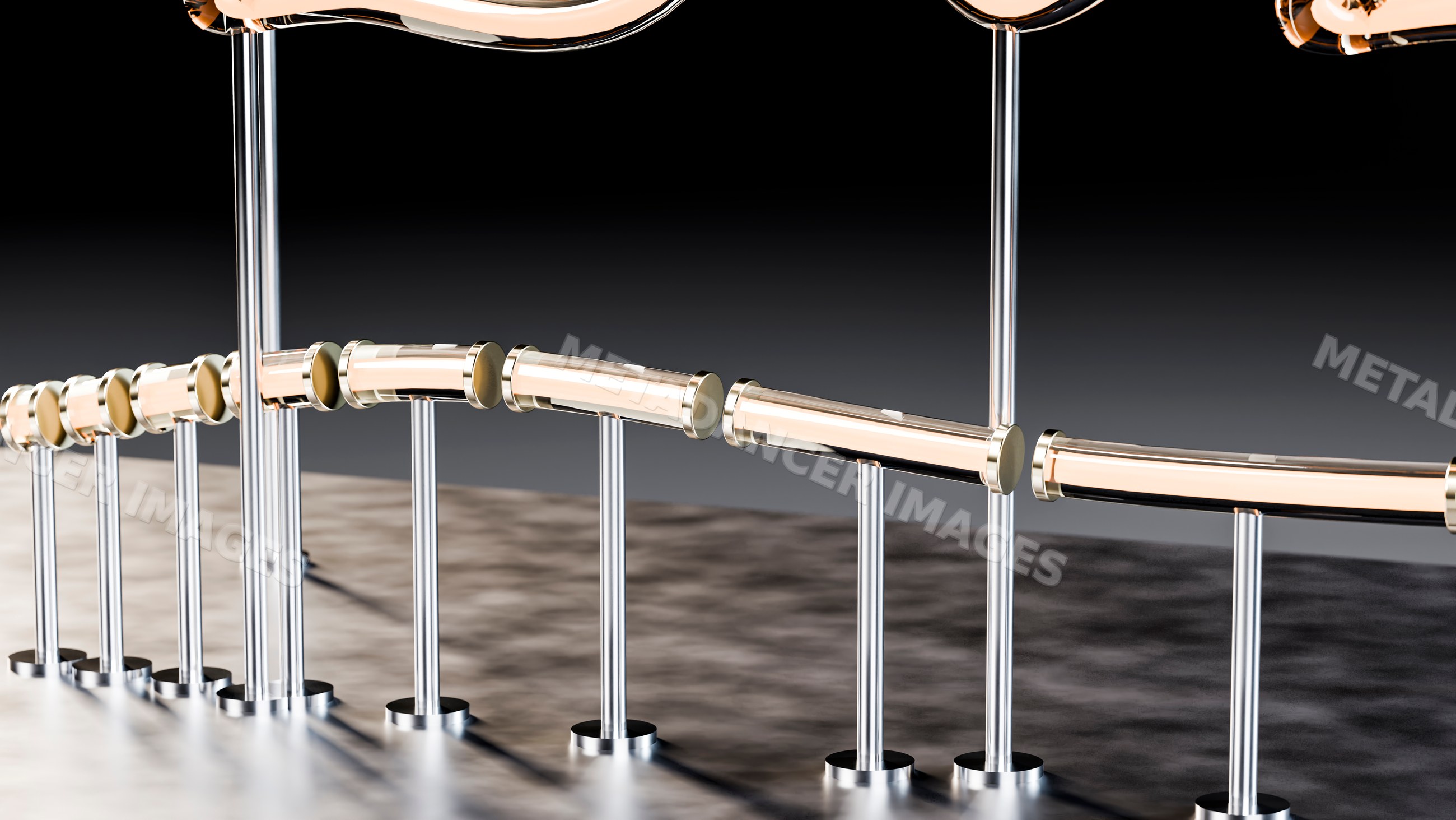 Curved polished metal handrail with vertical supports