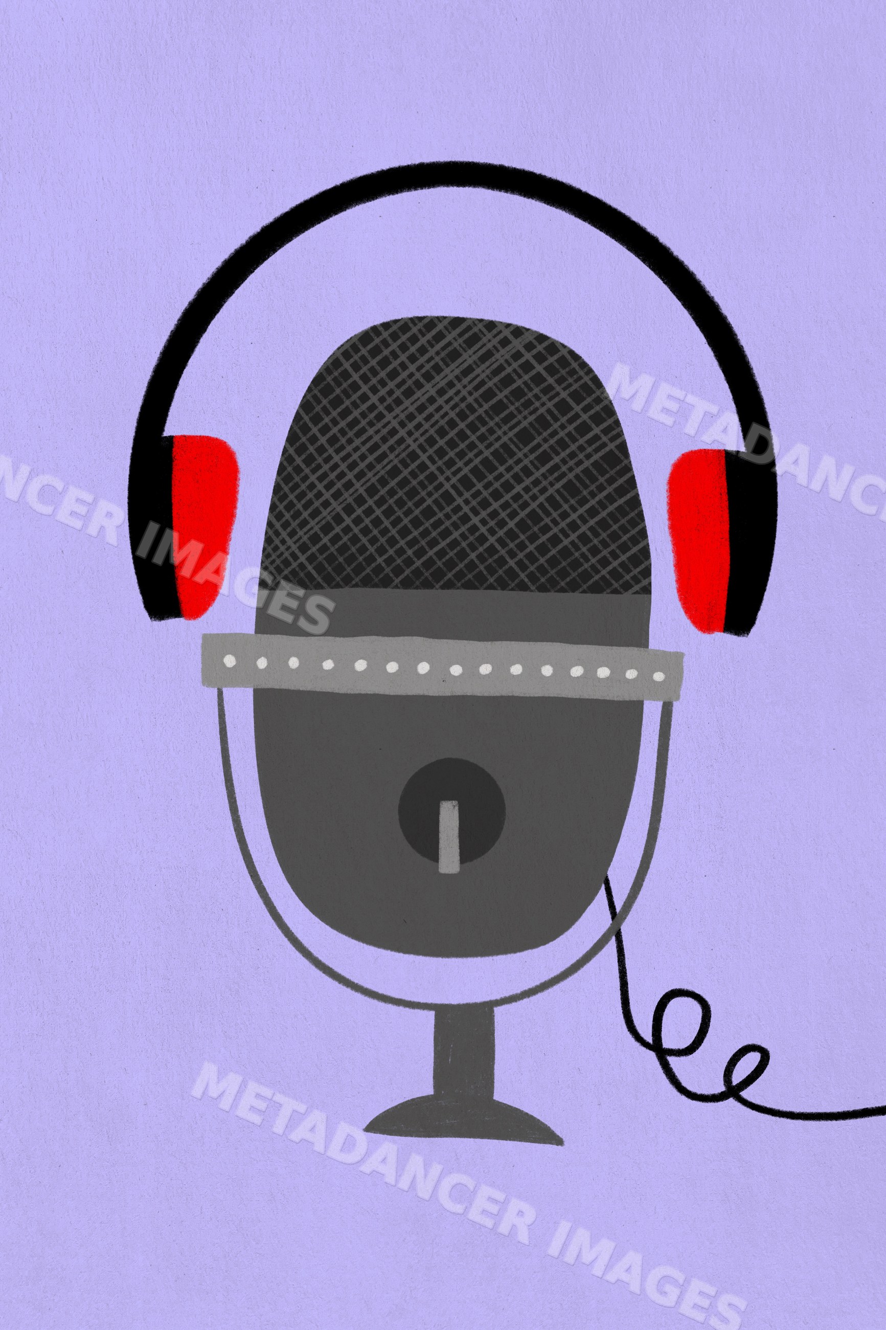 Digital illustration of a microphone with headphones on purple