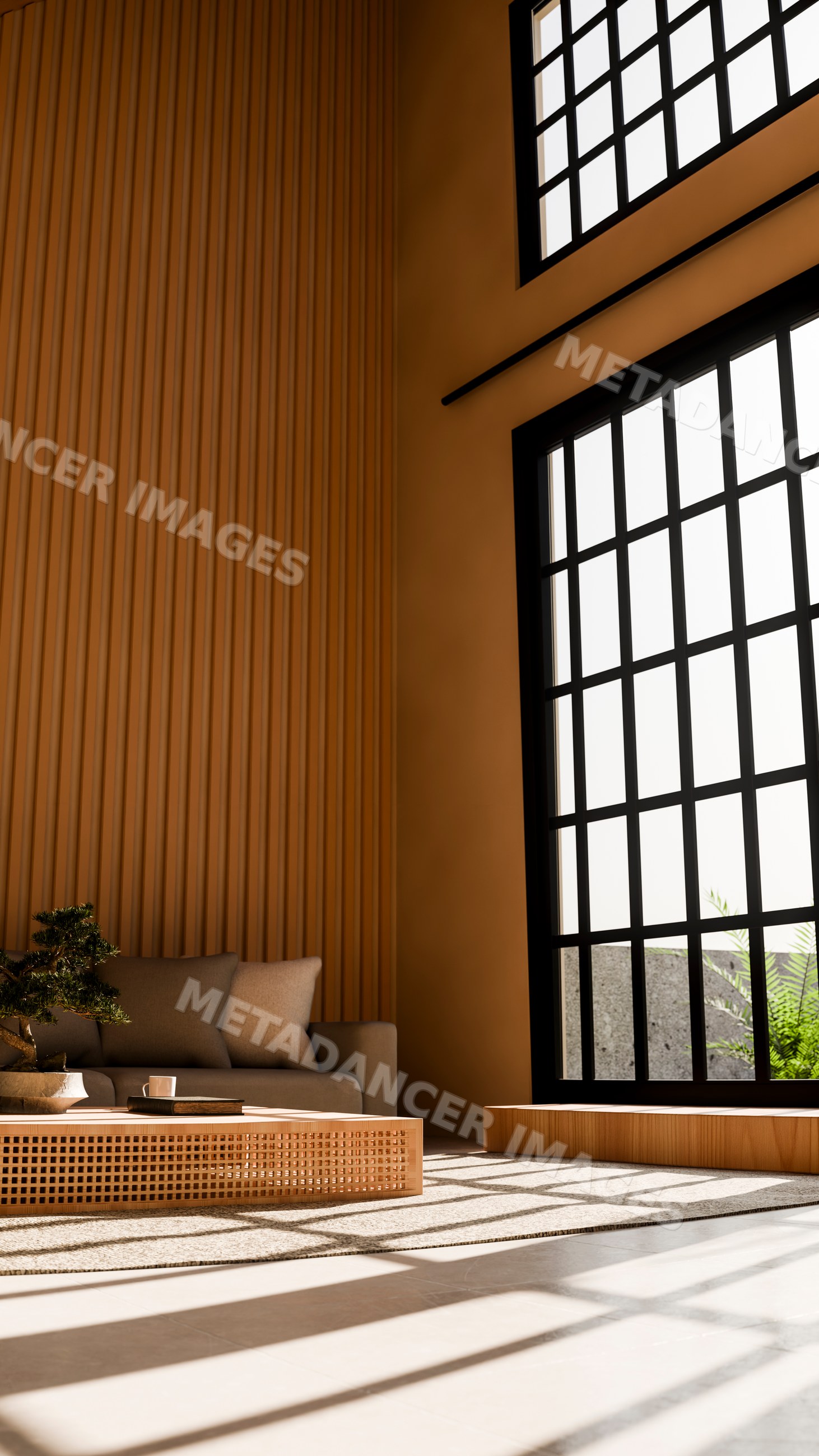 Modern living room with large window and wooden coffee table