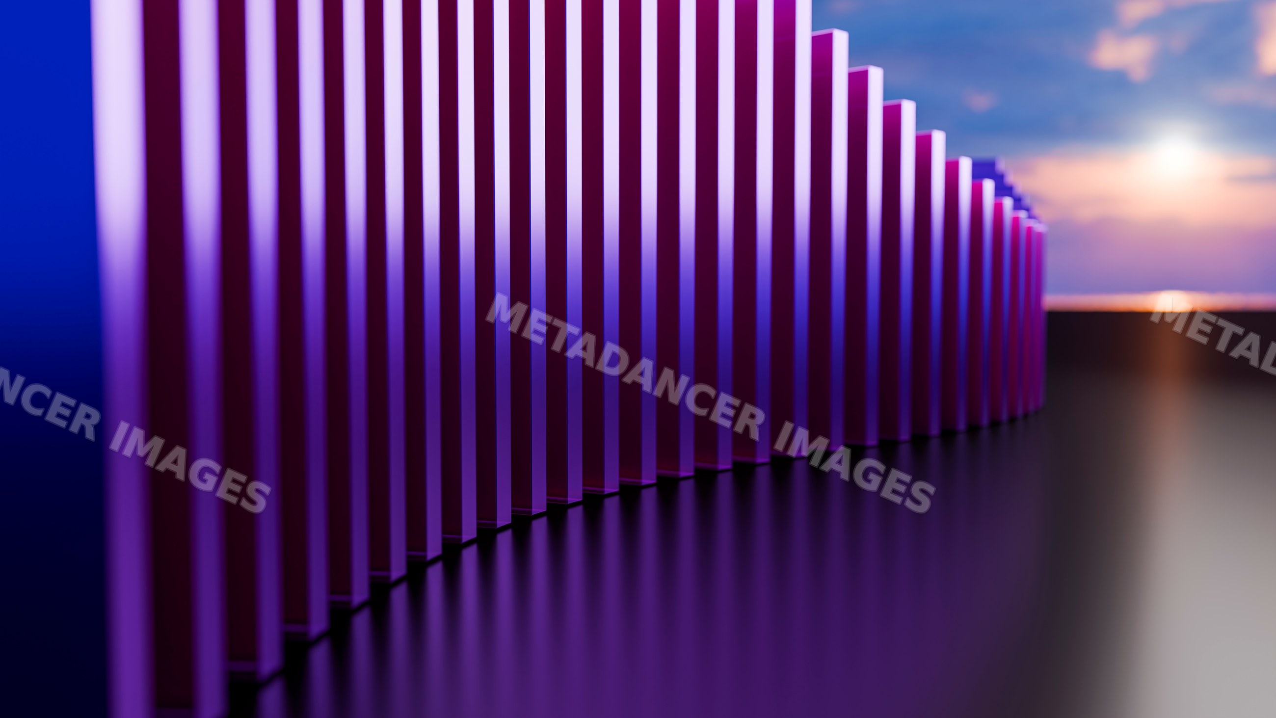 Curved row of vertical purple bars reflecting under sunset sky