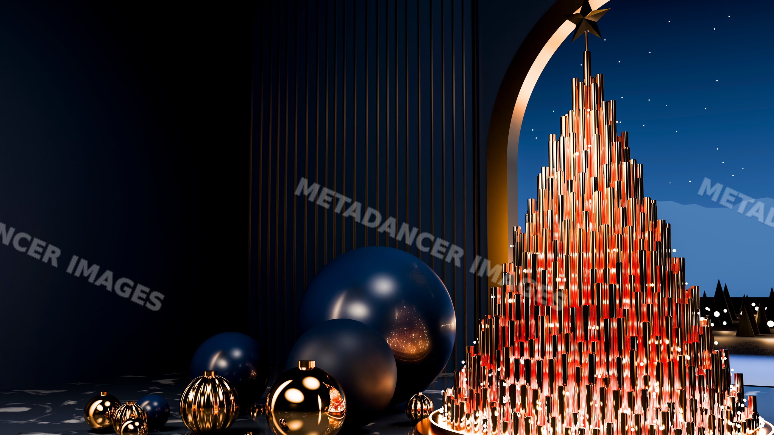 Metallic christmas tree with red lights and star decoration indoors
