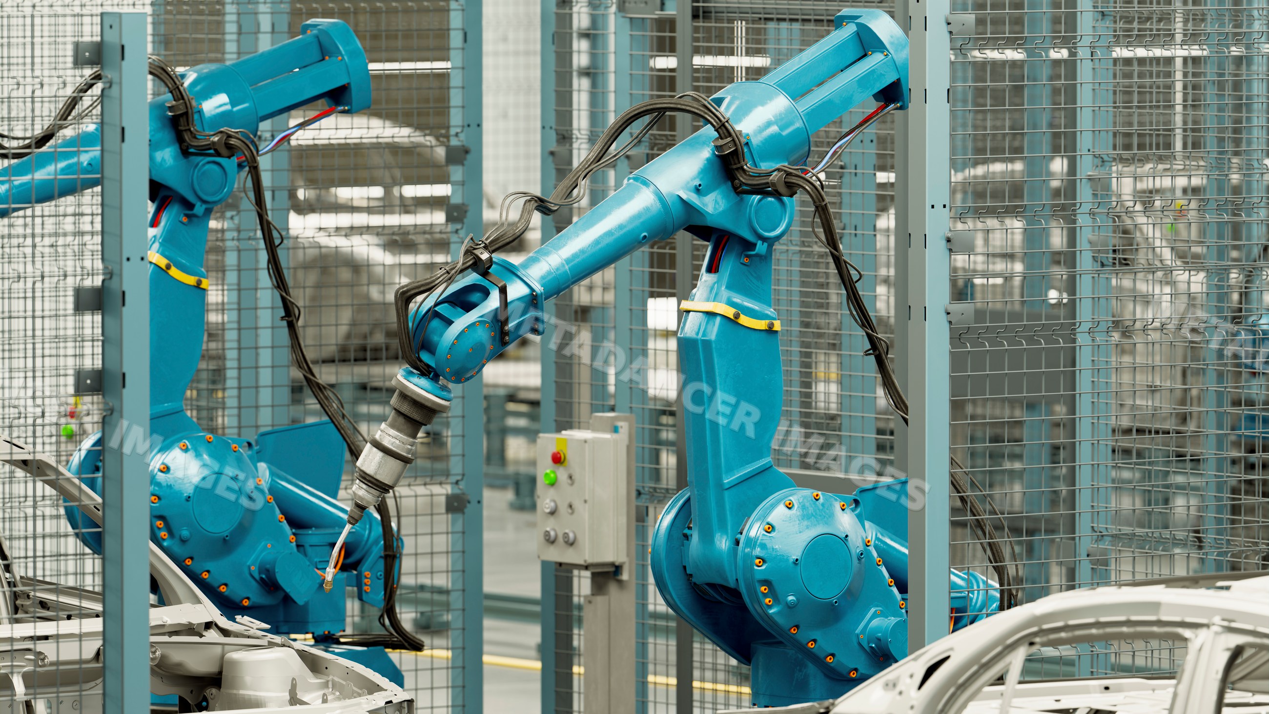 Robotic arms assembling car frames in manufacturing plant