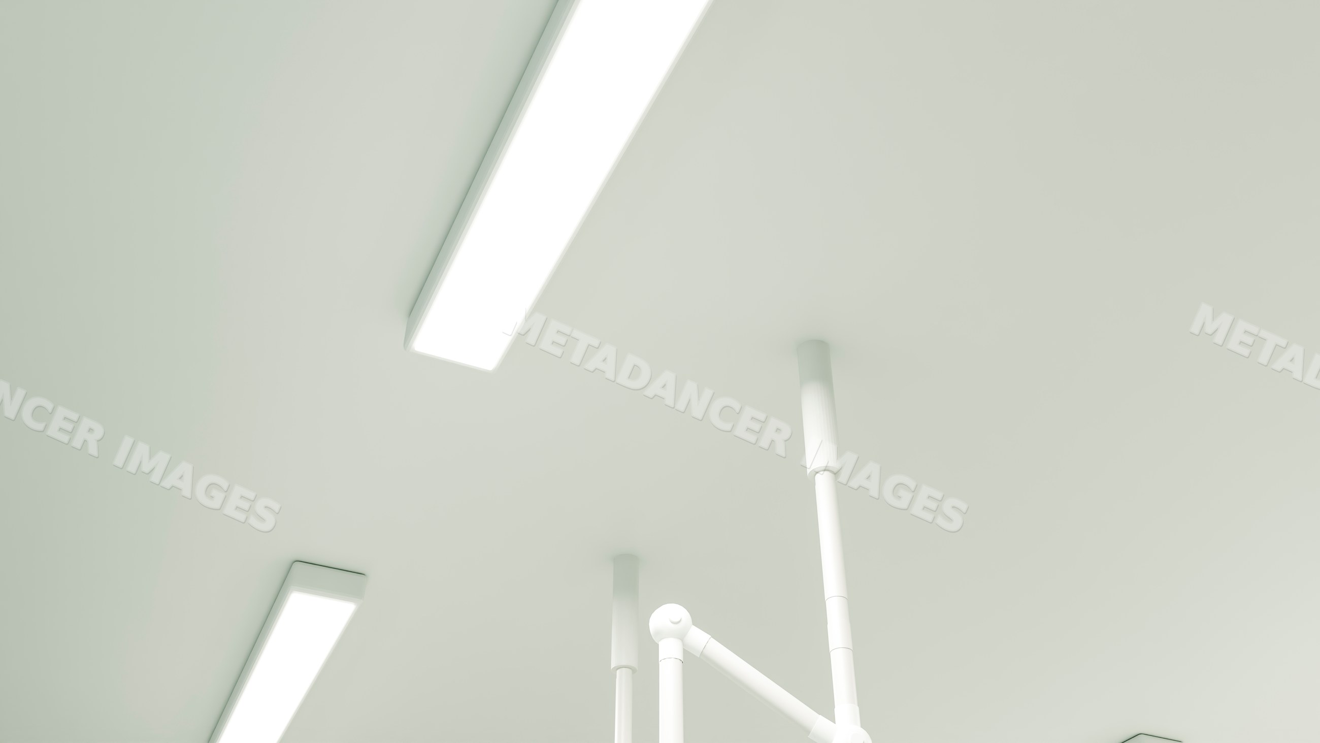 Fluorescent lights and surgical light arms on medical ceiling