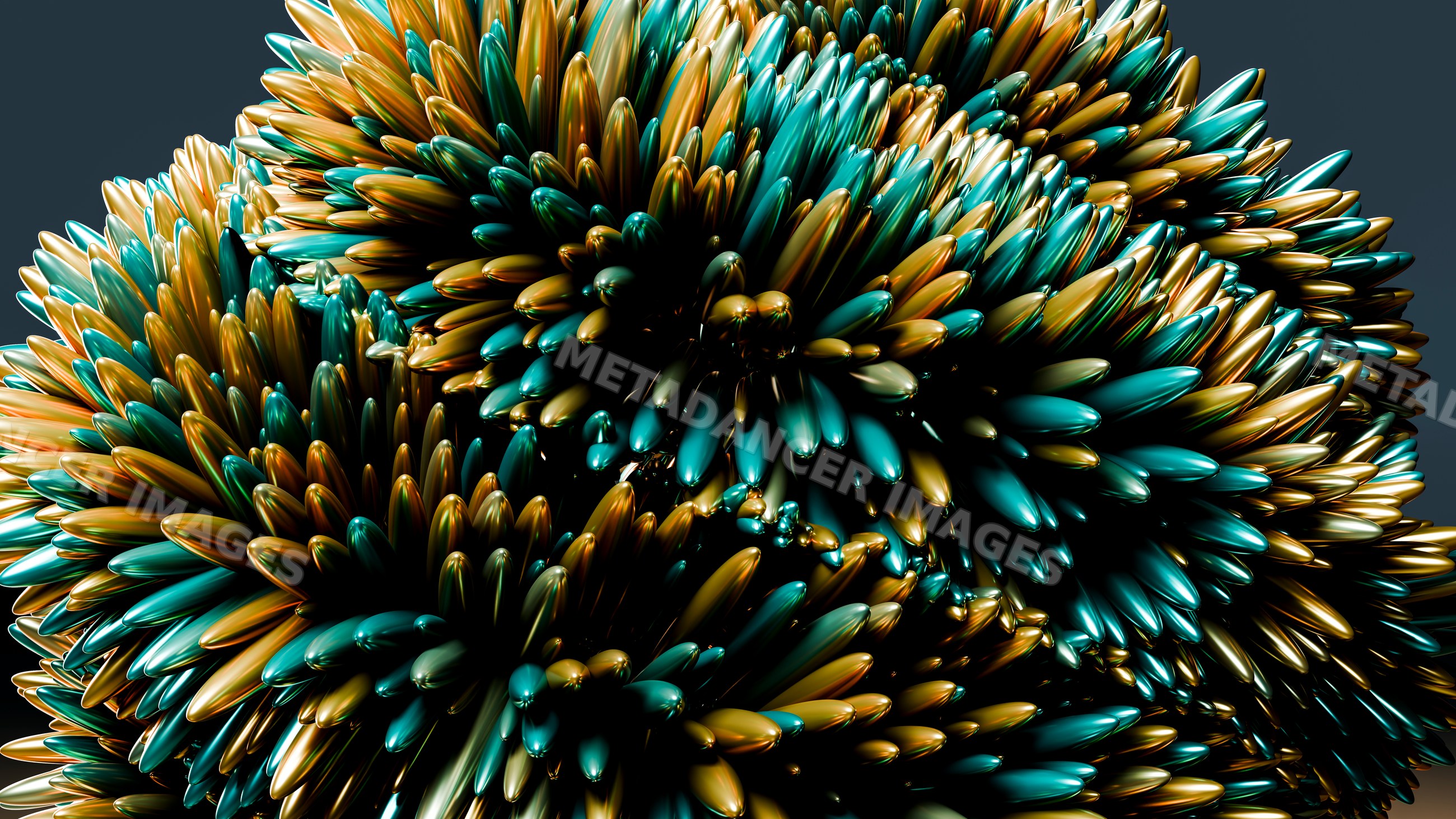 Abstract 3d metallic sculpture with blue and gold spiky shapes