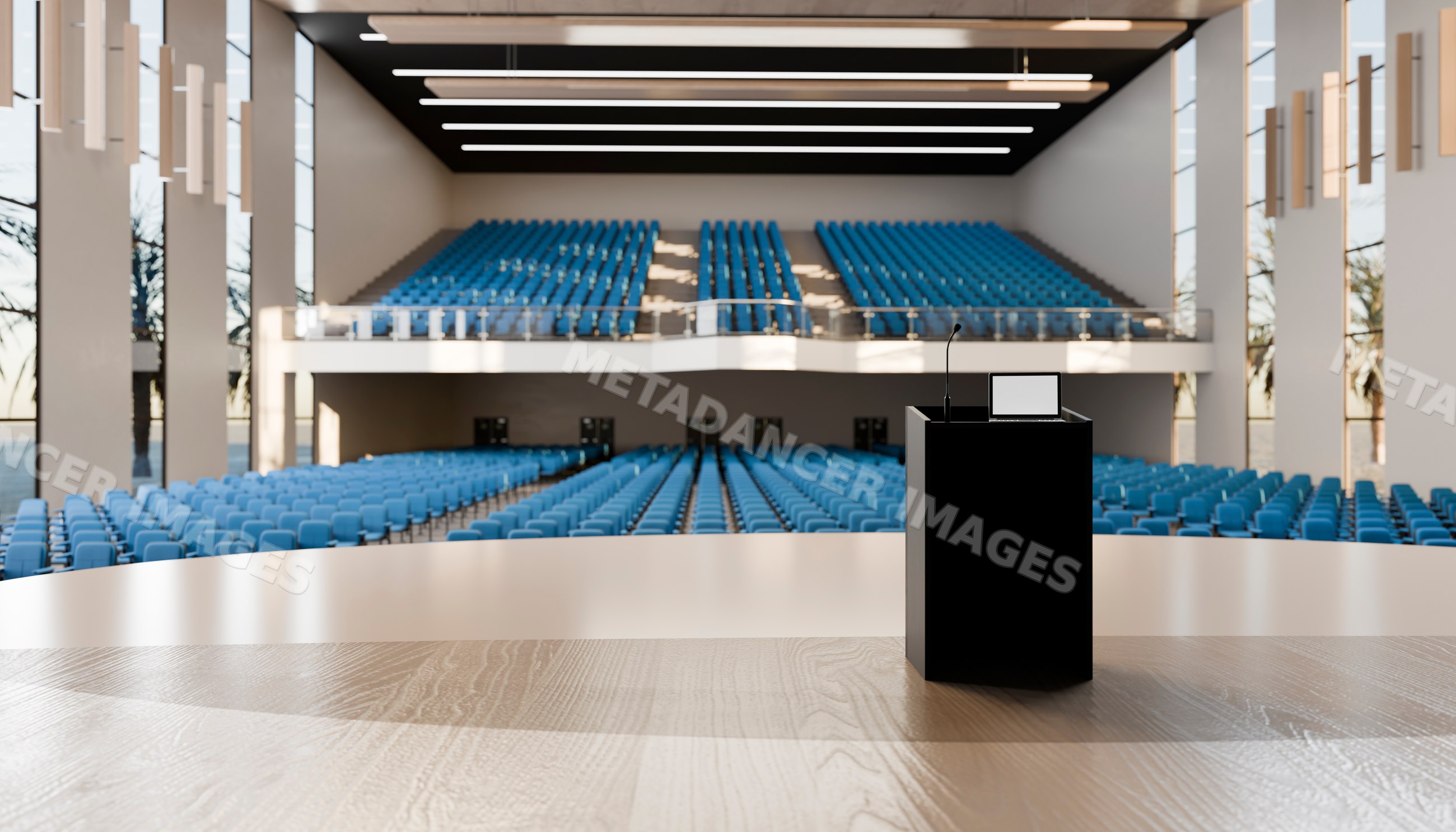Conference room podium with microphone and laptop in modern auditorium