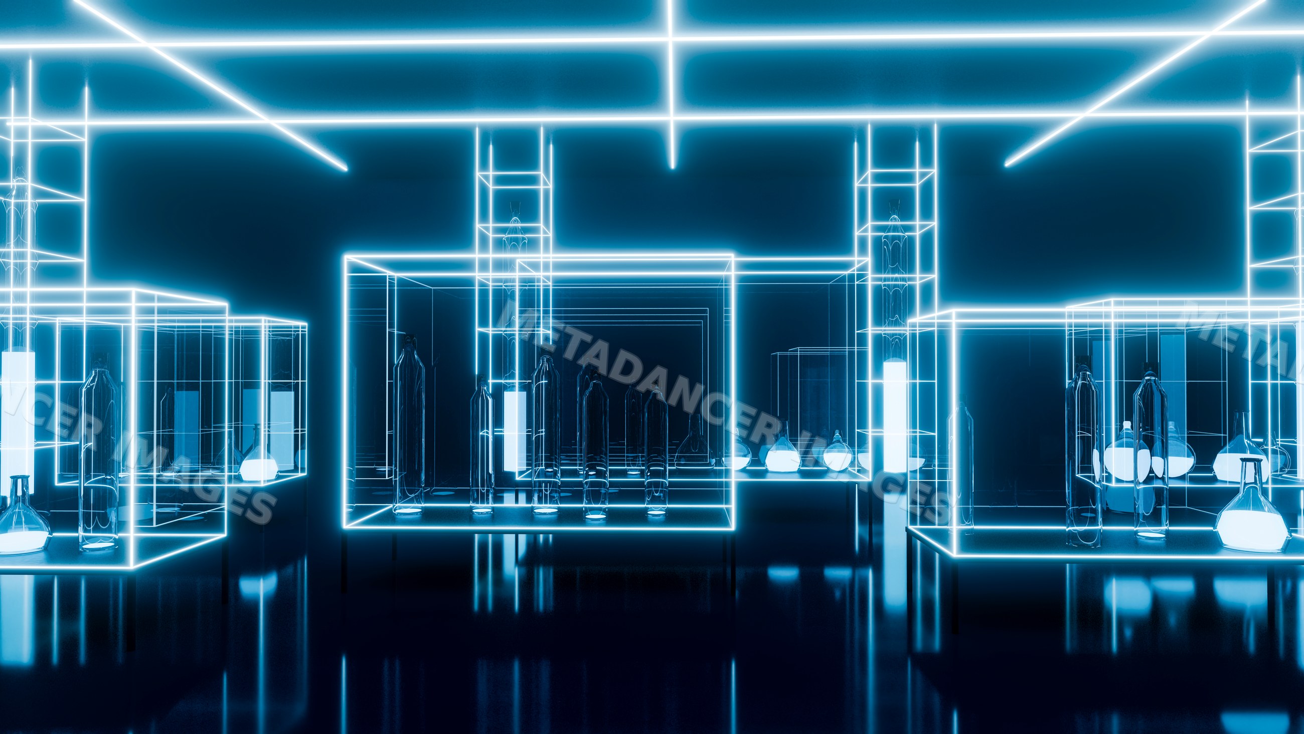 Glass bottles displayed in neon-lit futuristic interior