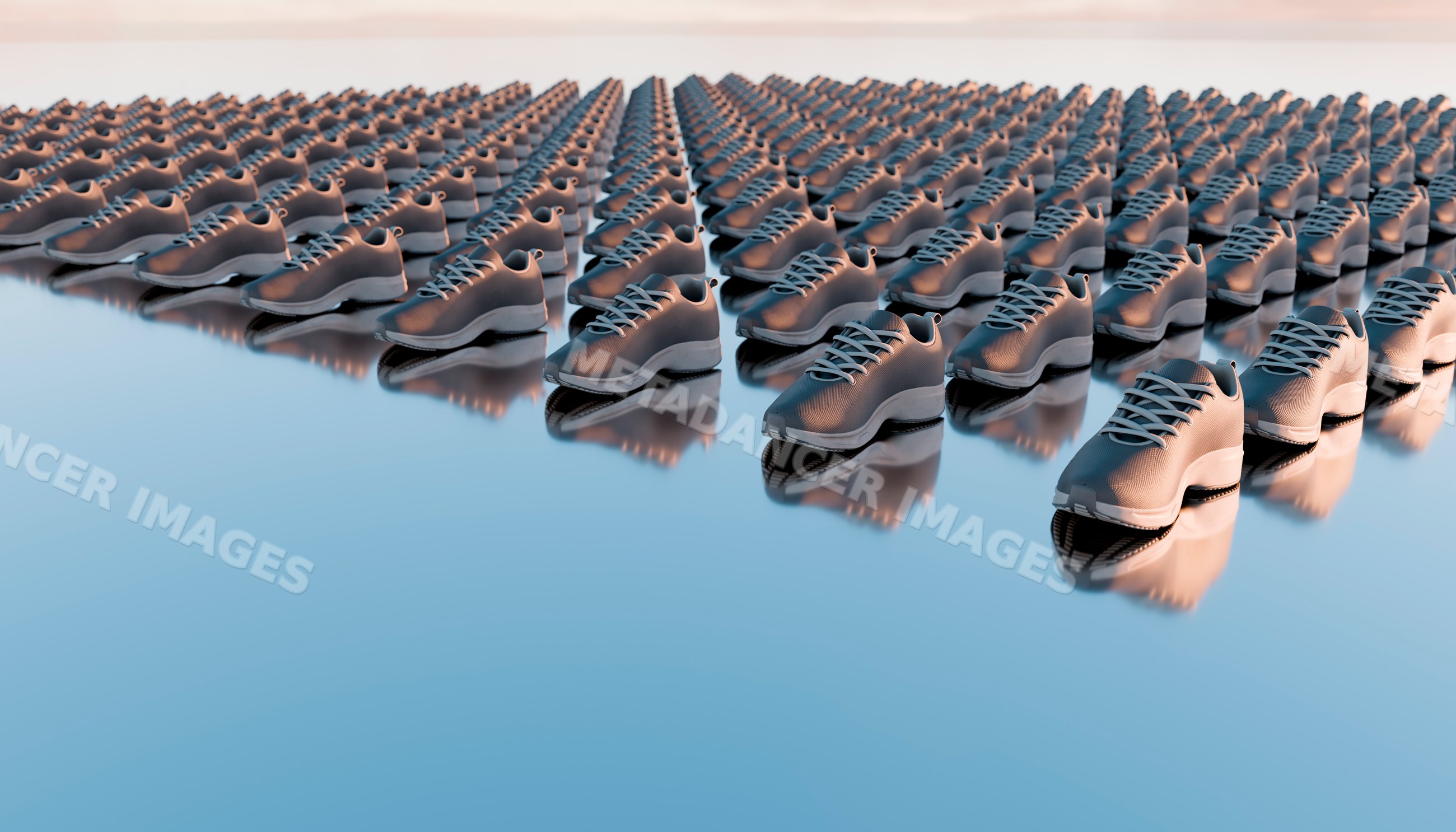 Rows of running shoes on reflective surface creating pattern