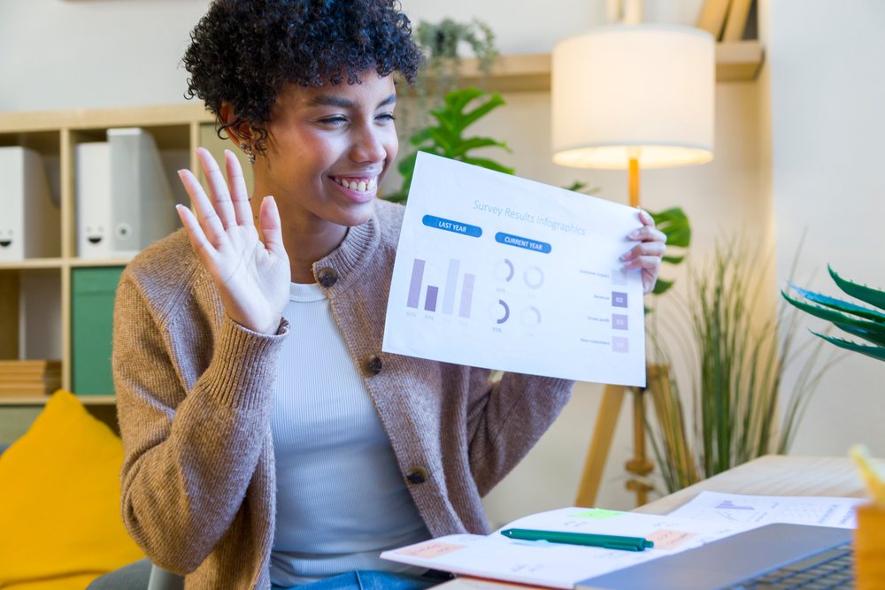 African American woman sharing survey results during remote work
