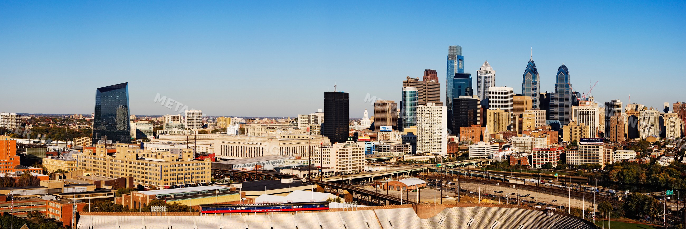 Philadelphia city skyline with high-rise buildings under clear sky