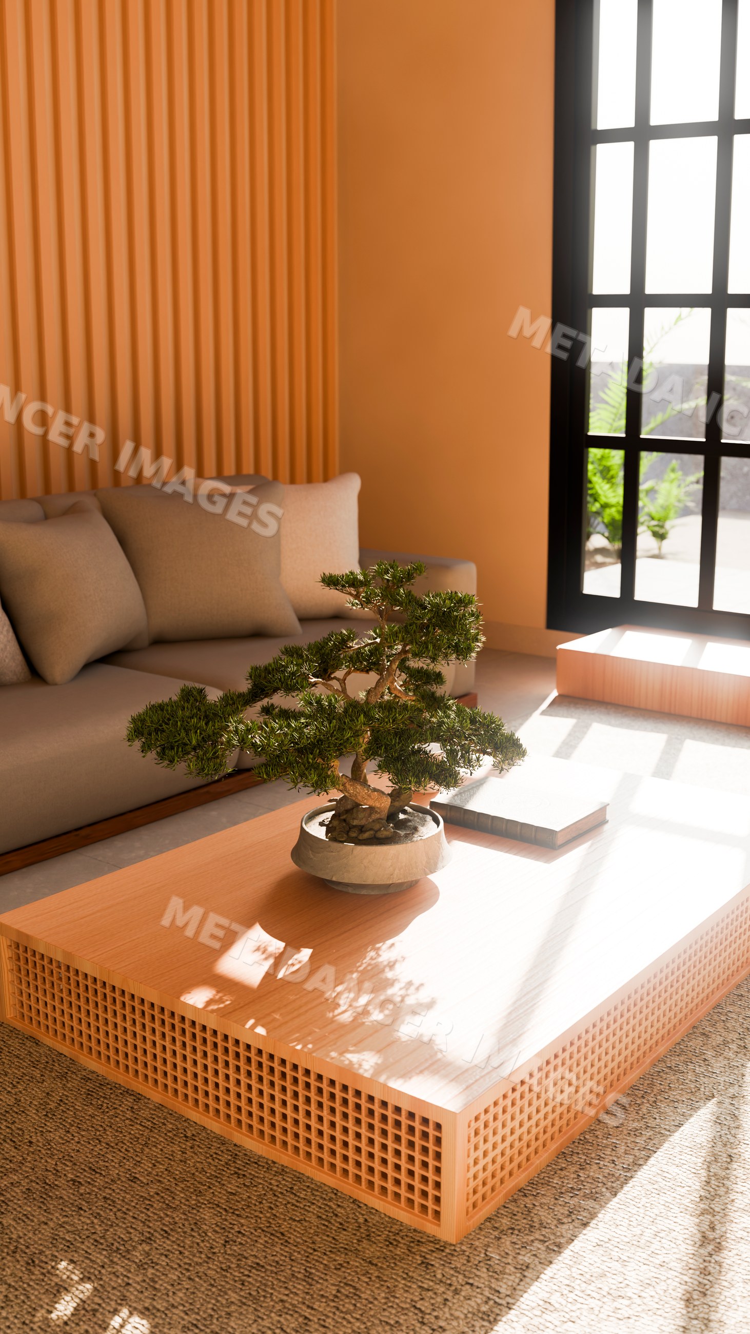 Bonsai tree on wooden coffee table in sunlight in modern living room