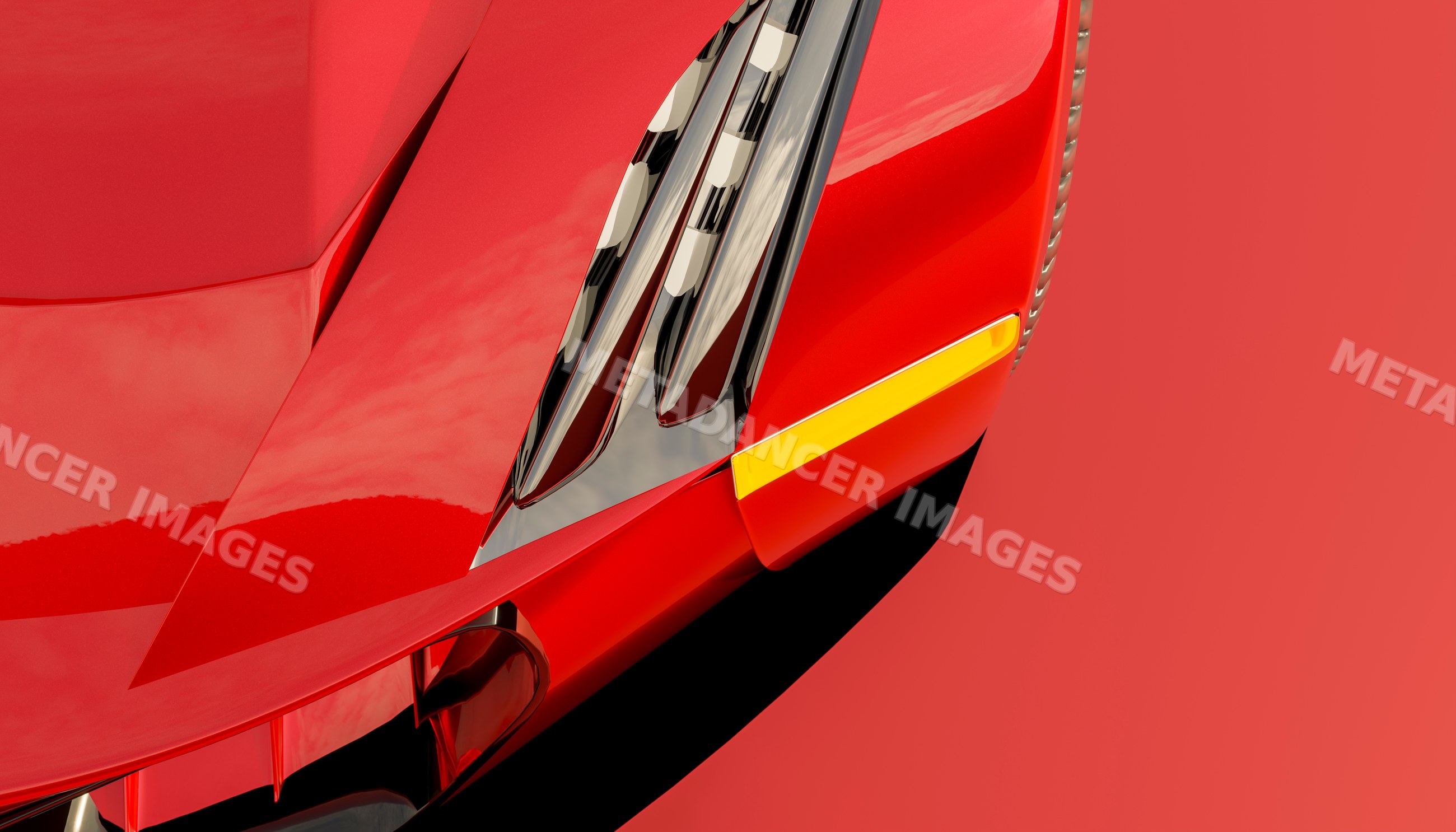 Close-up of the front hood and headlight assembly of a red vehicle