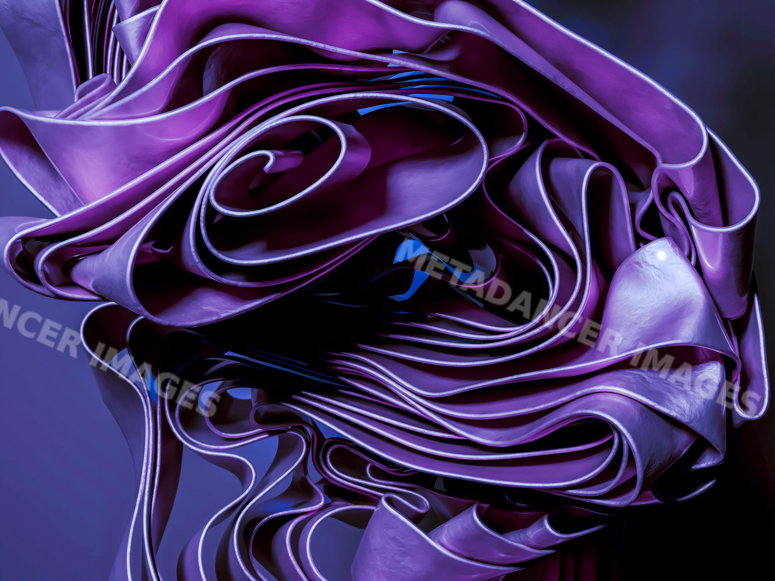 Abstract purple metal sculpture with curled and folded sheets