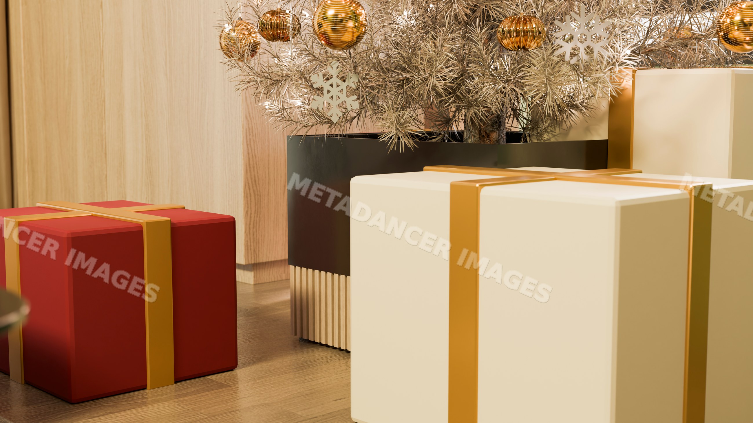 Christmas presents with gold ribbons under decorative tree