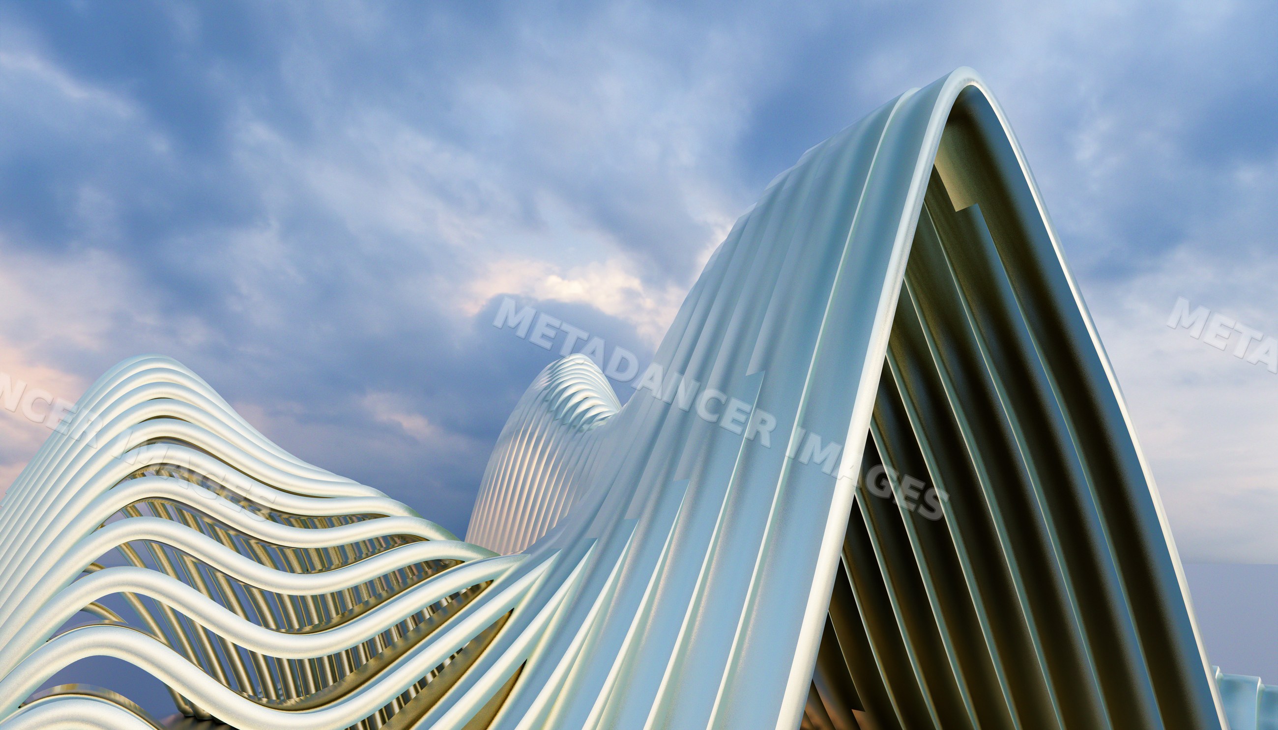 Silver metallic abstract sculpture with curved wave shapes
