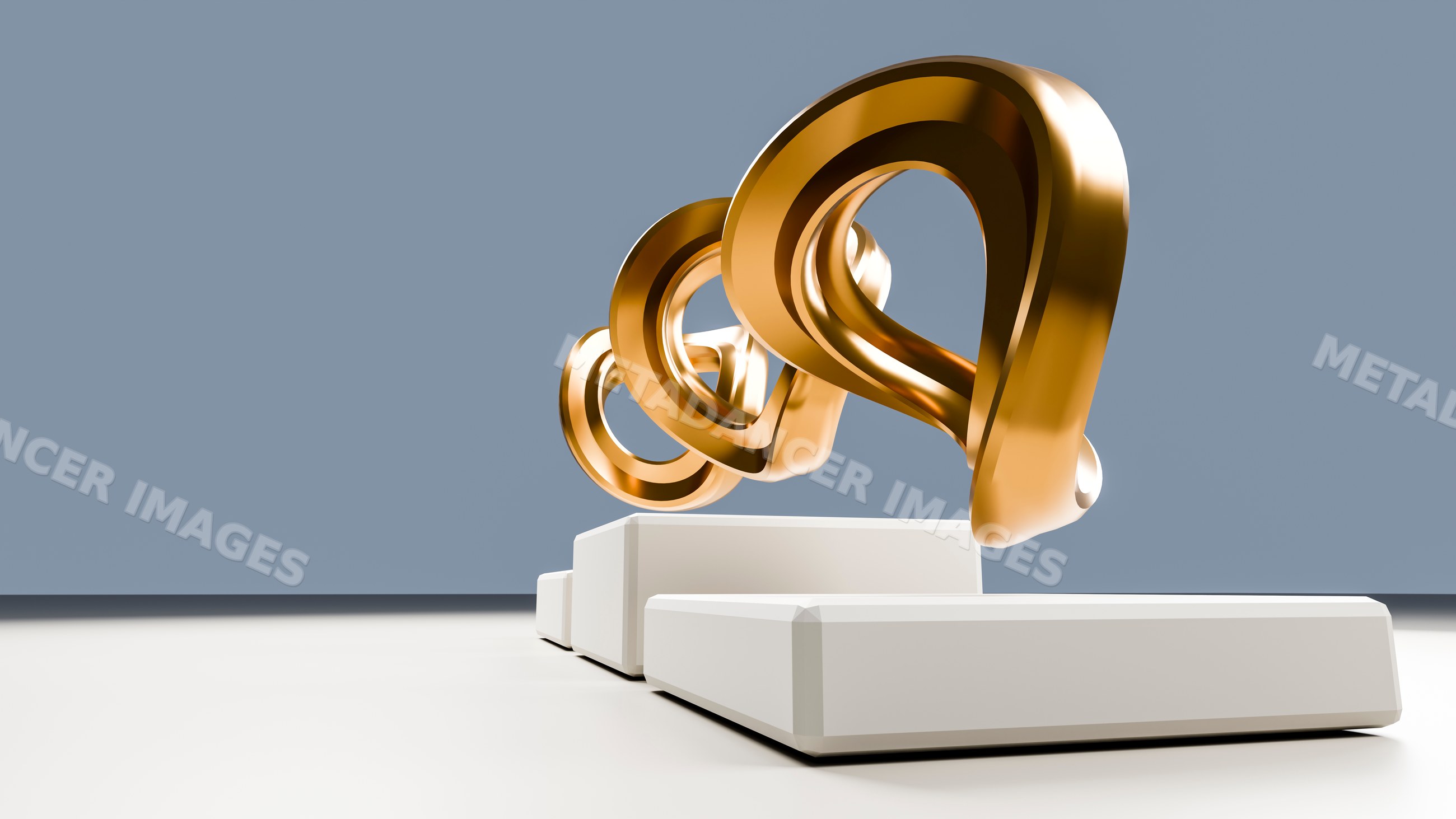Golden abstract loops on white platforms in minimalist studio