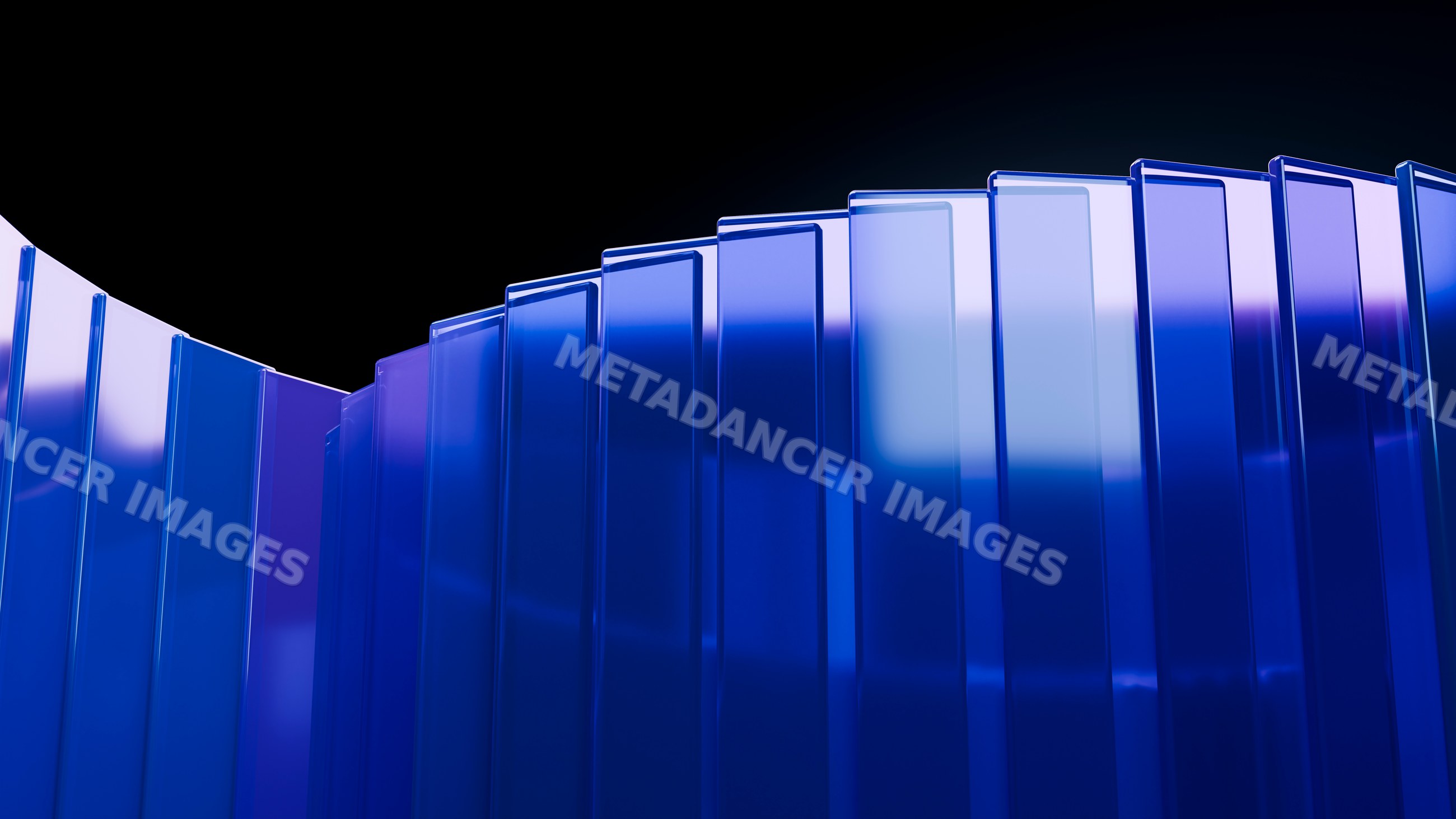 Curved blue glass panels in modern architectural structure