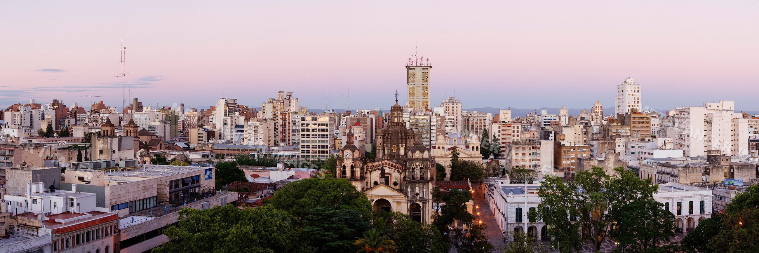 Cityscape of cordoba argentina at dusk with skyline and cathedral