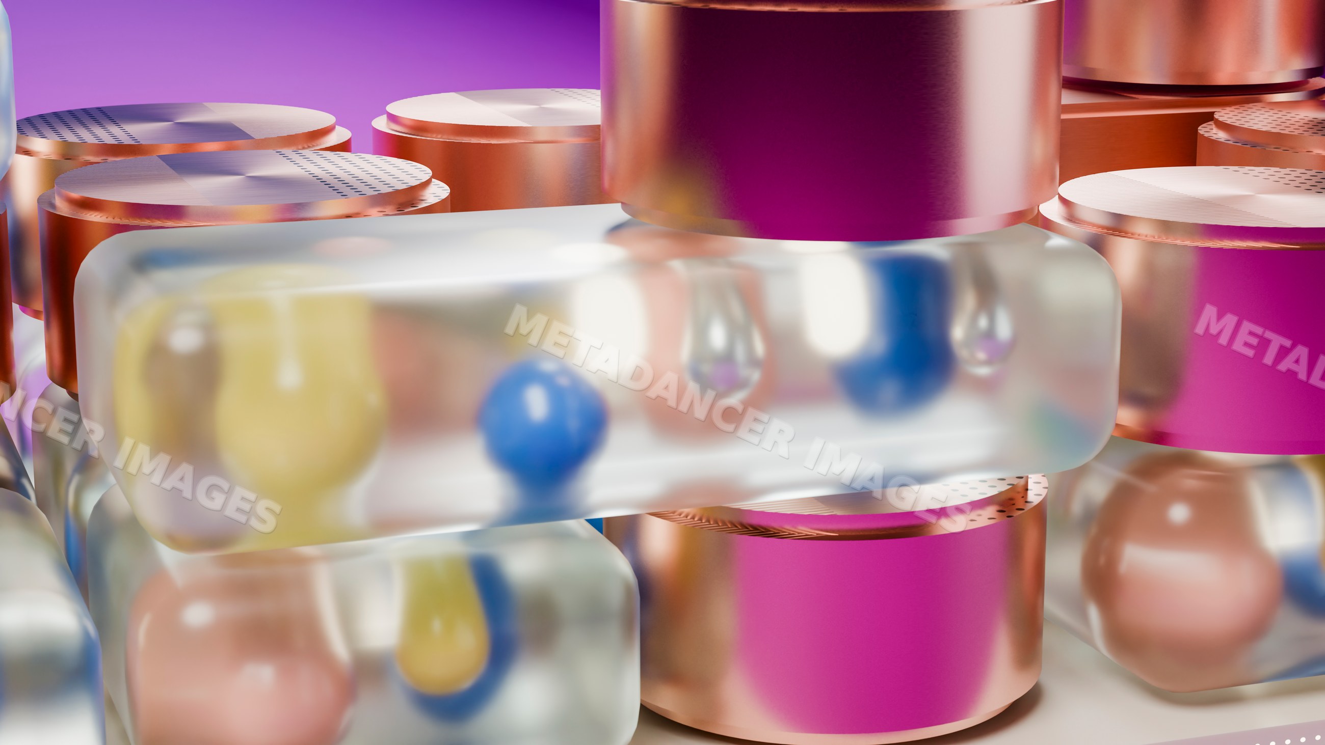 Colorful abstract spheres and droplets in digital 3d illustration