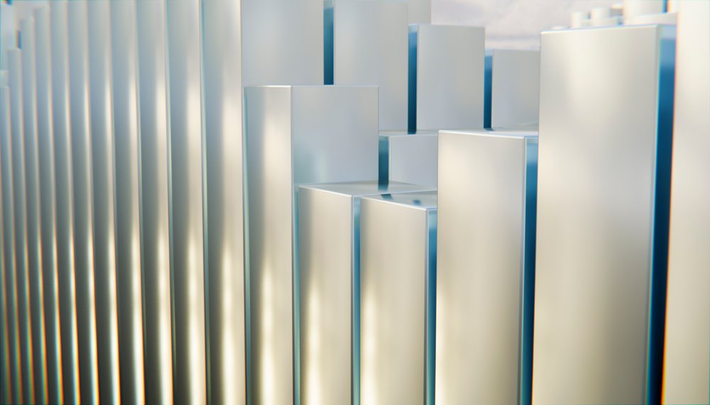 Close-up of metallic silver blocks arranged