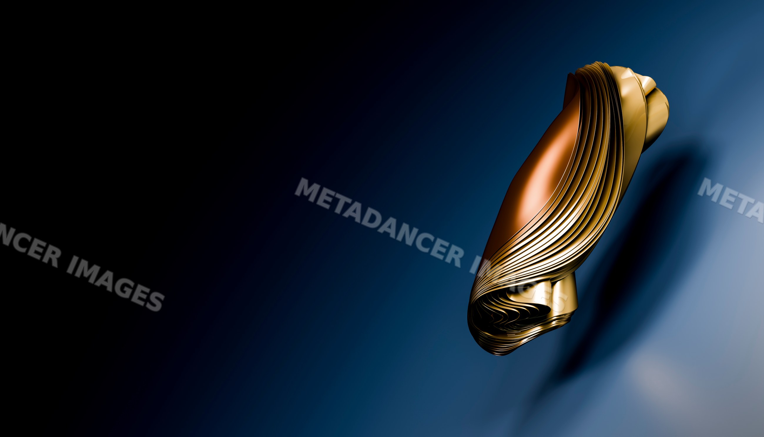 Abstract gold sculpture with curved metallic lines on dark gradient