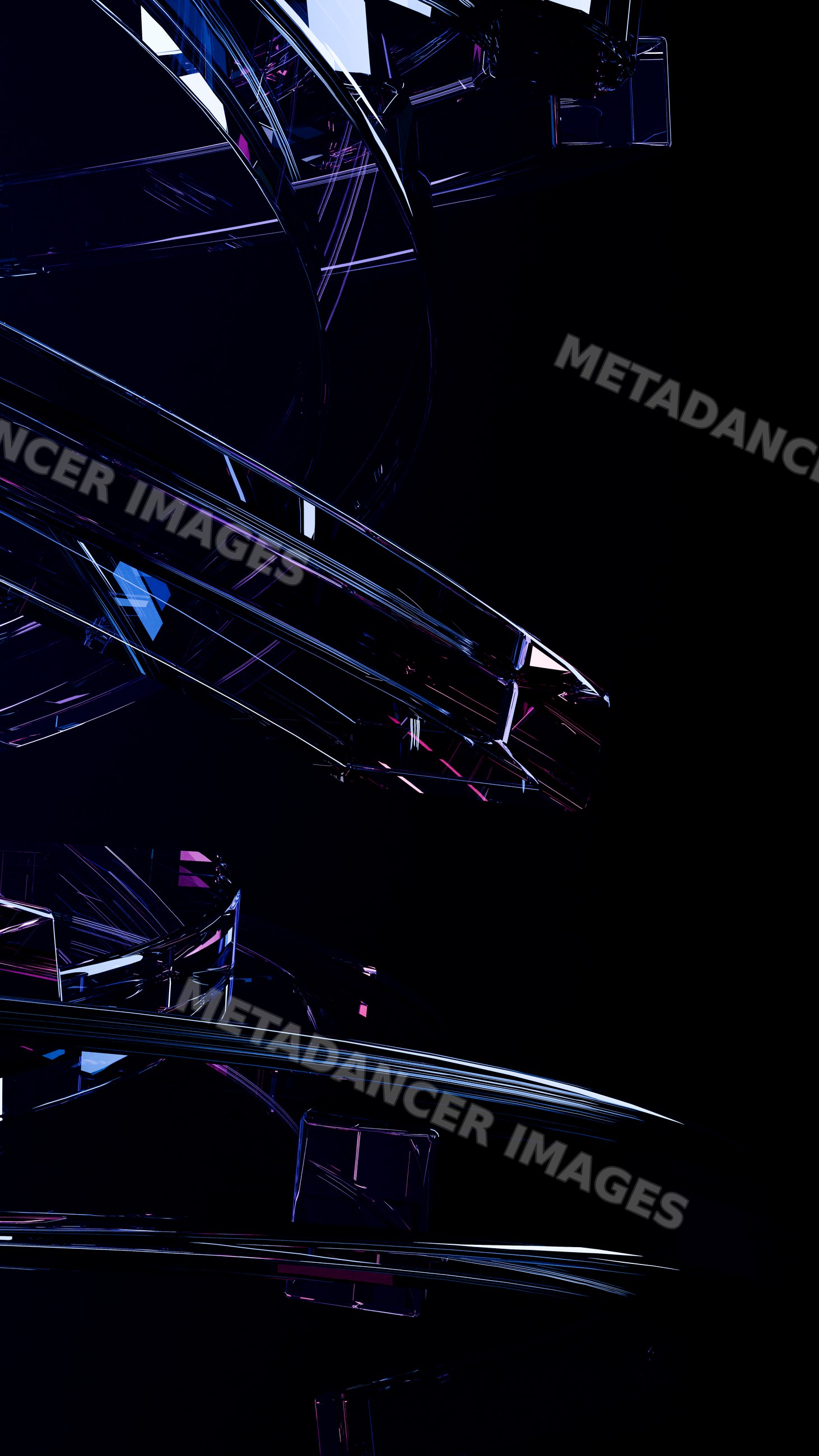 Abstract dark glass curving shapes with purple and blue reflections