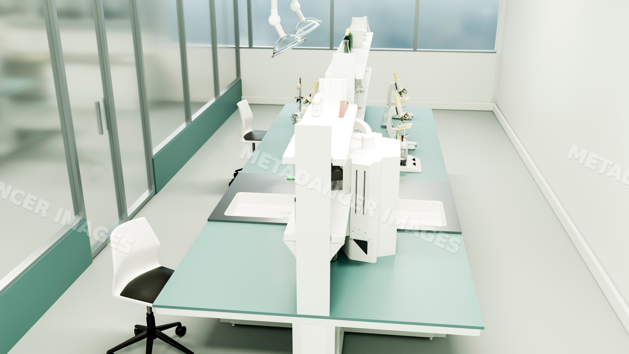 Laboratory workstation with microscopes and stools in research room