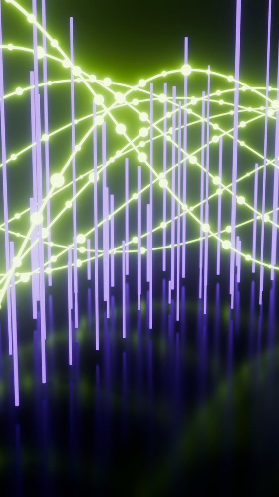 Digital illustration of glowing arcs and bars