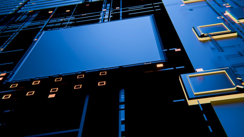 Futuristic blue and black microchip with circuitry details