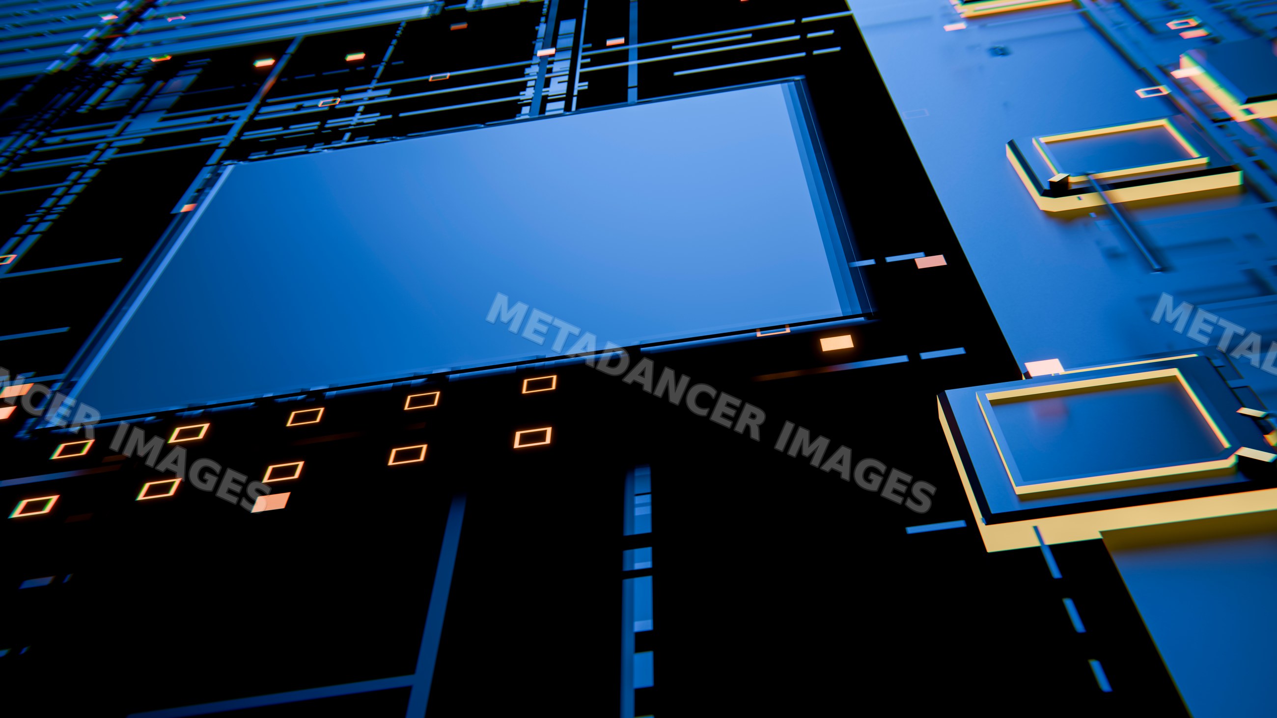 Futuristic blue and black microchip with circuitry details