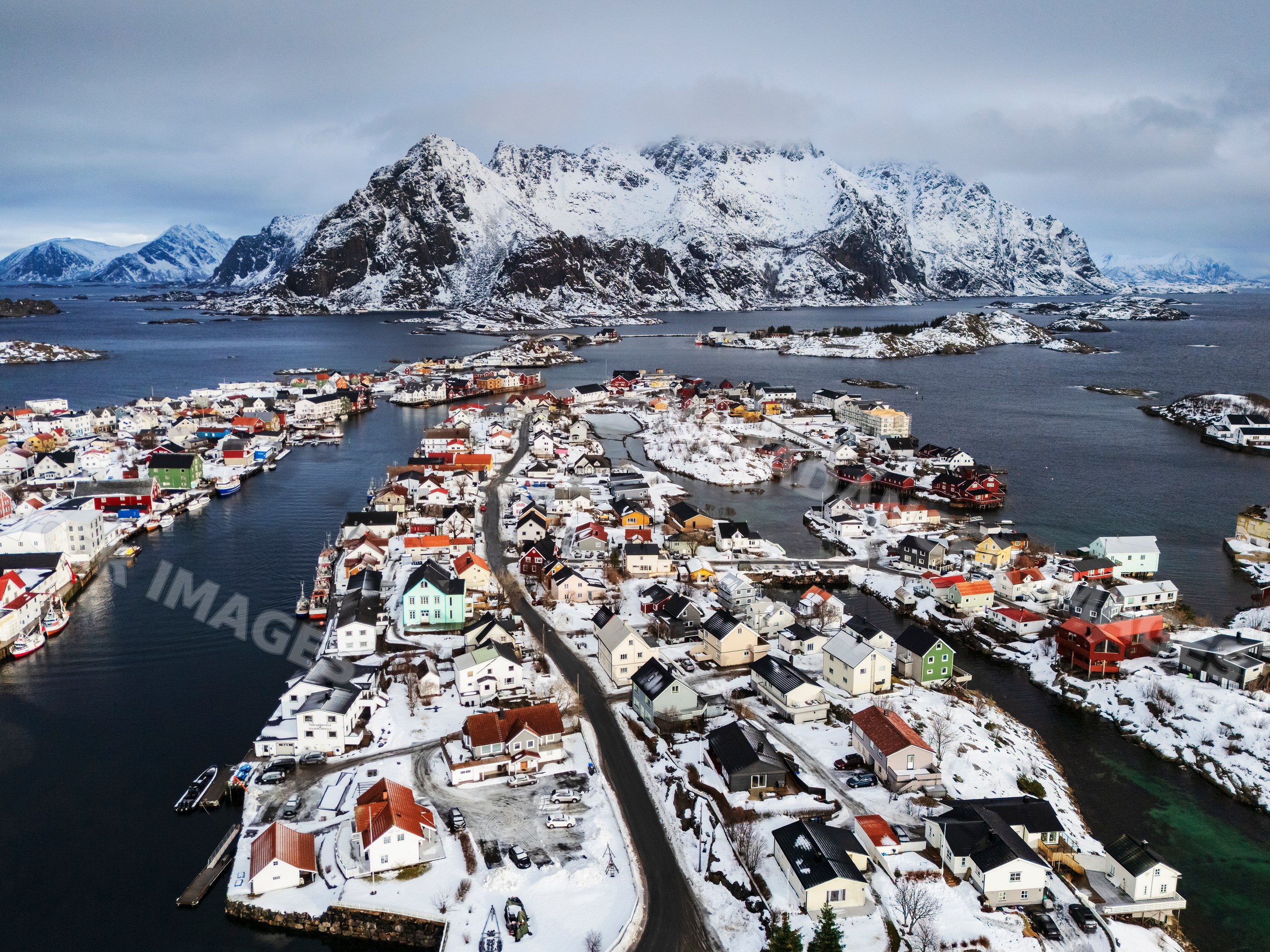 Aerial view of the Port in henningsvaer, Lofoten, Norway
