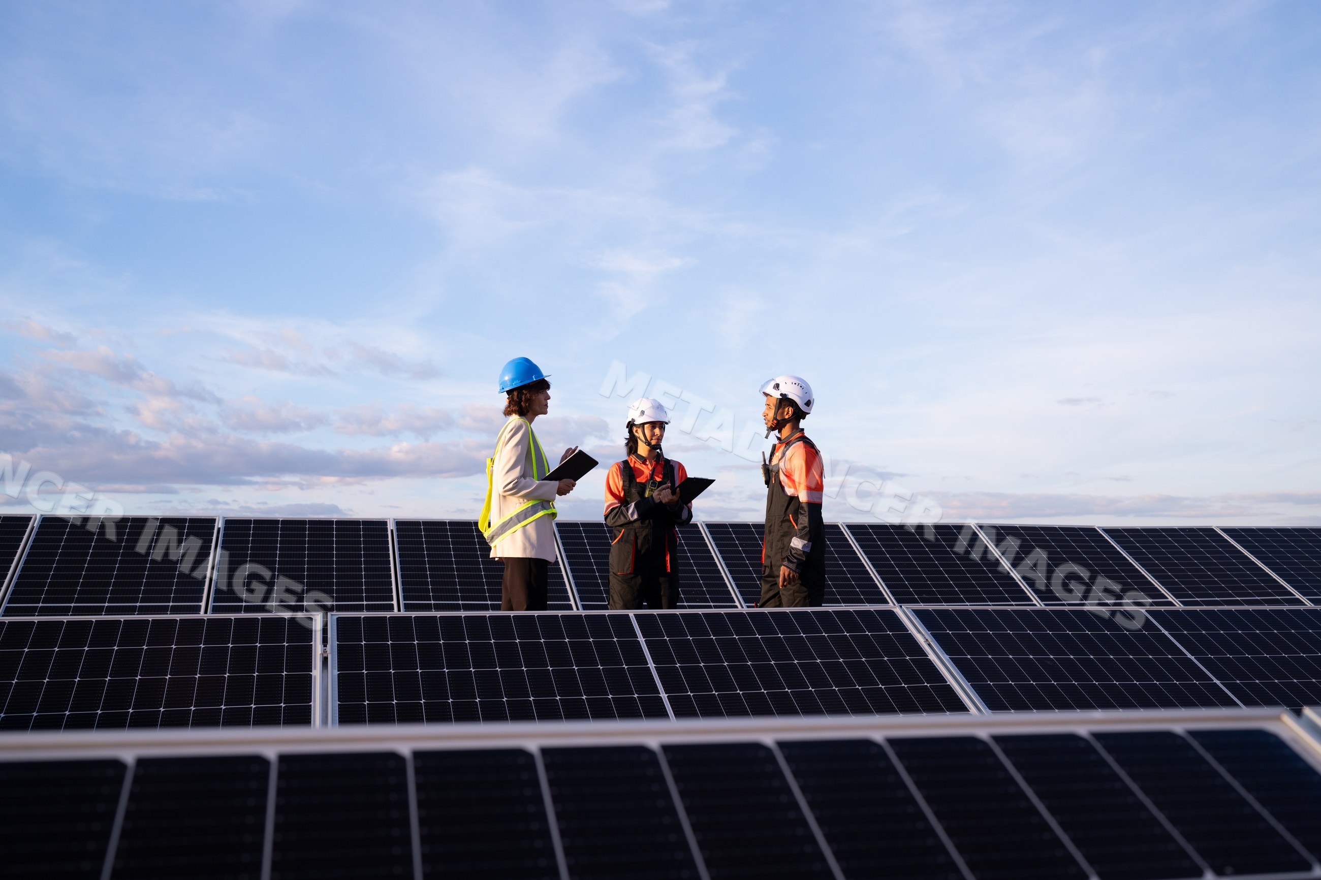 Engineers inspecting solar panels at solar energy site in Madrid
