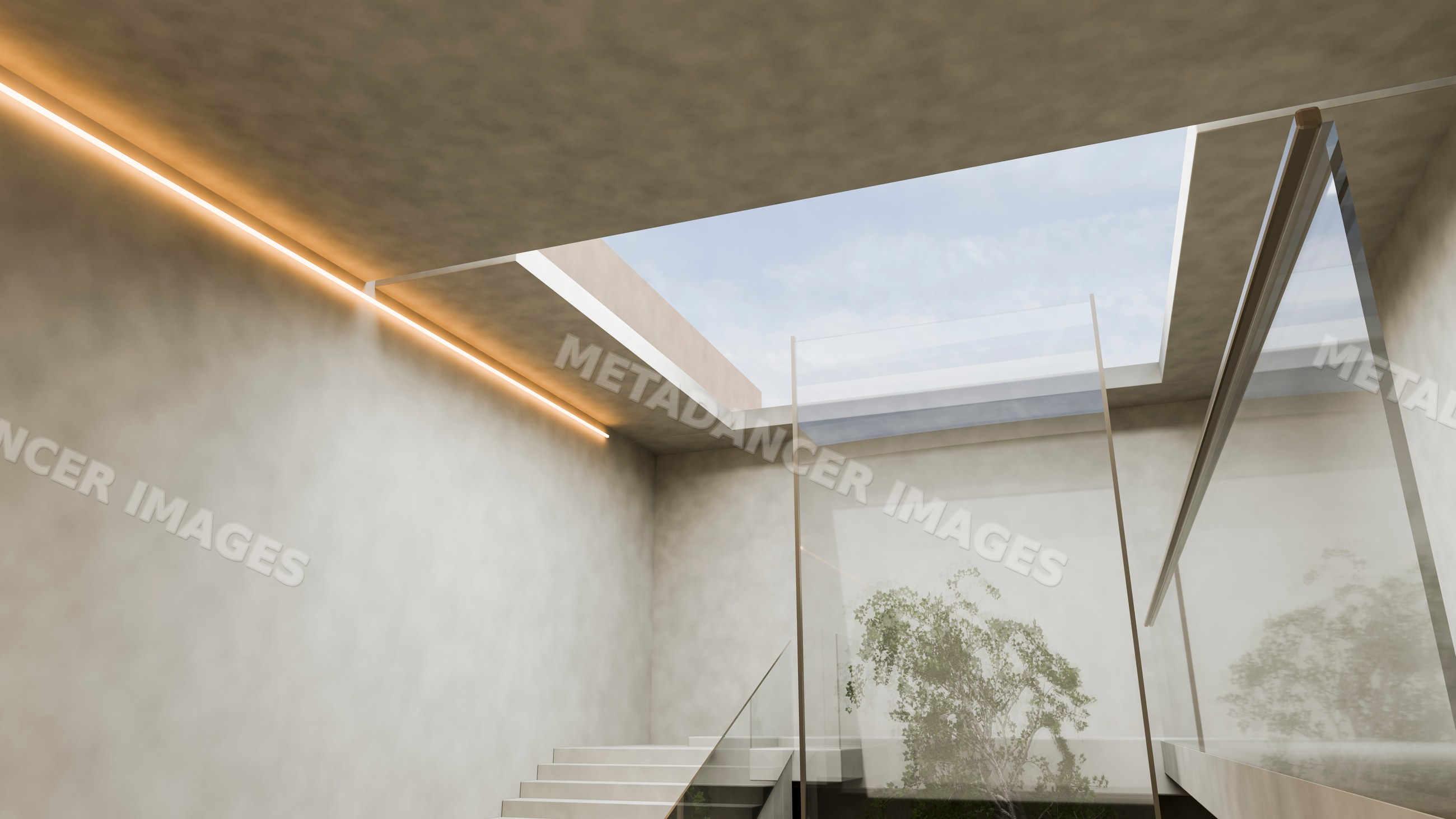 Modern indoor staircase with glass railing and skylight